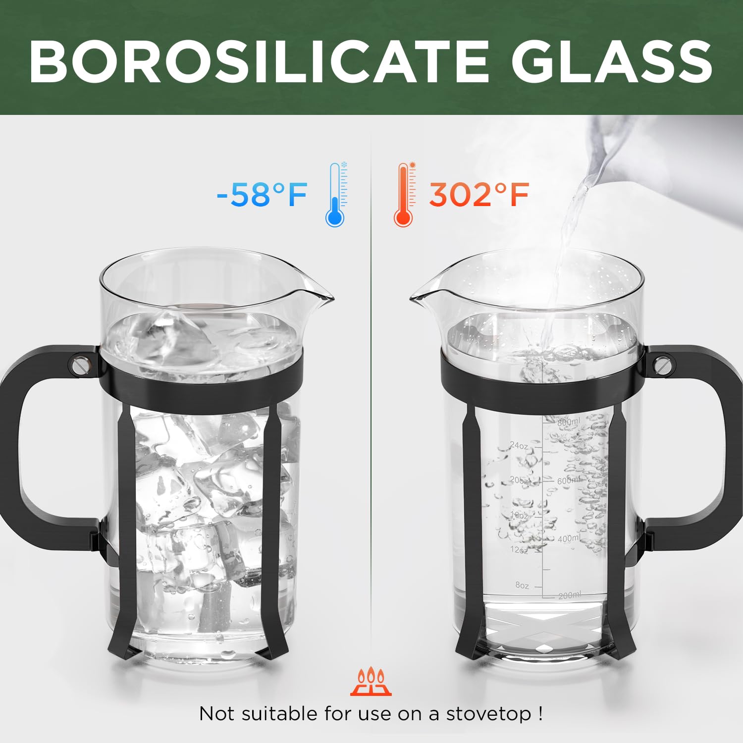 French Press Coffee Maker, 34 Ounce 1 Liter, Stainless Steel, Cold Brew Heat Resistant Borosilicate Glass Espresso Coffee & Tea