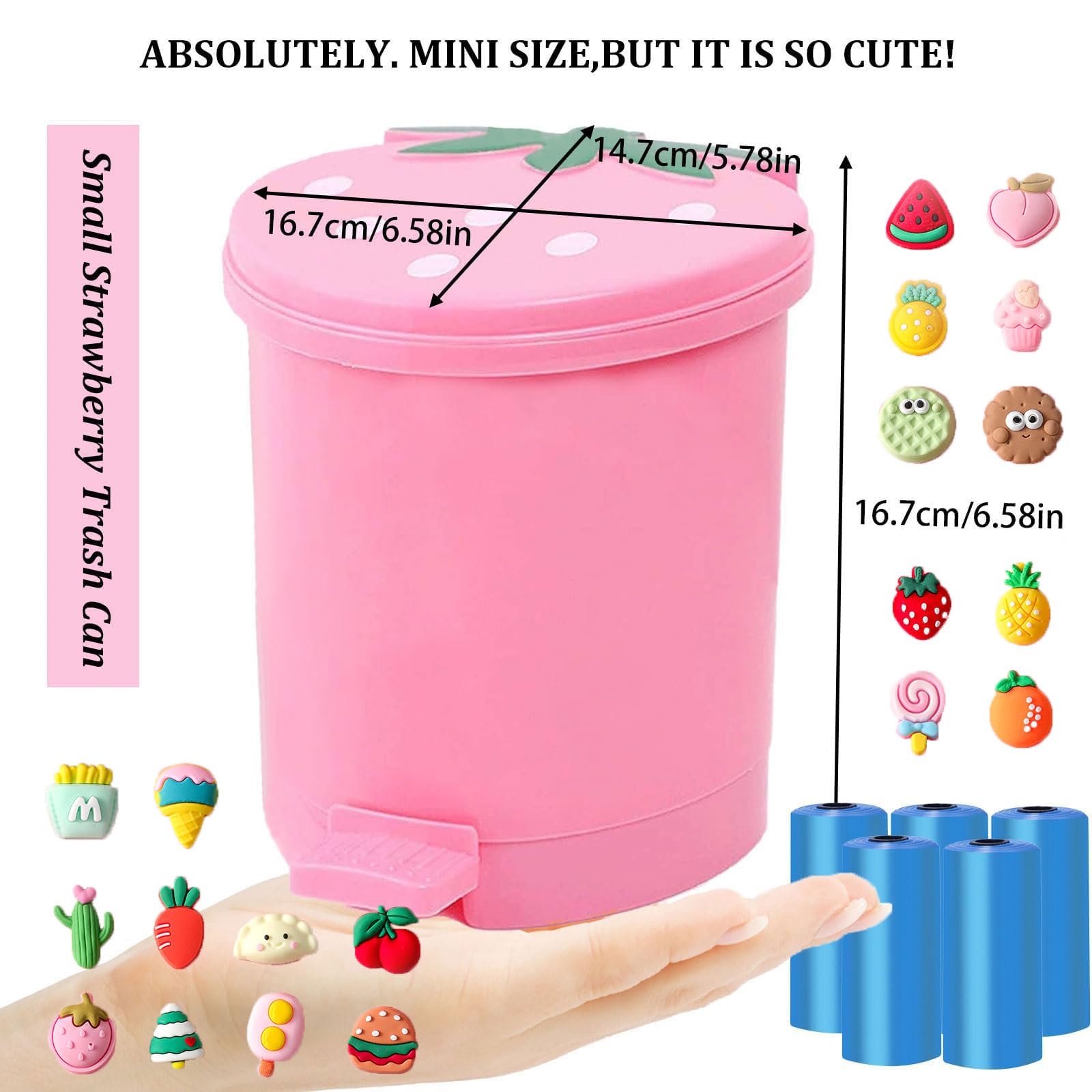 Bxuxjar Strawberry Trash Can, 1 Gallon Desk Plastic Cute Trash Can Kawaii Small Srawberry Garbage Can For Bedroom With 5 Rolls G