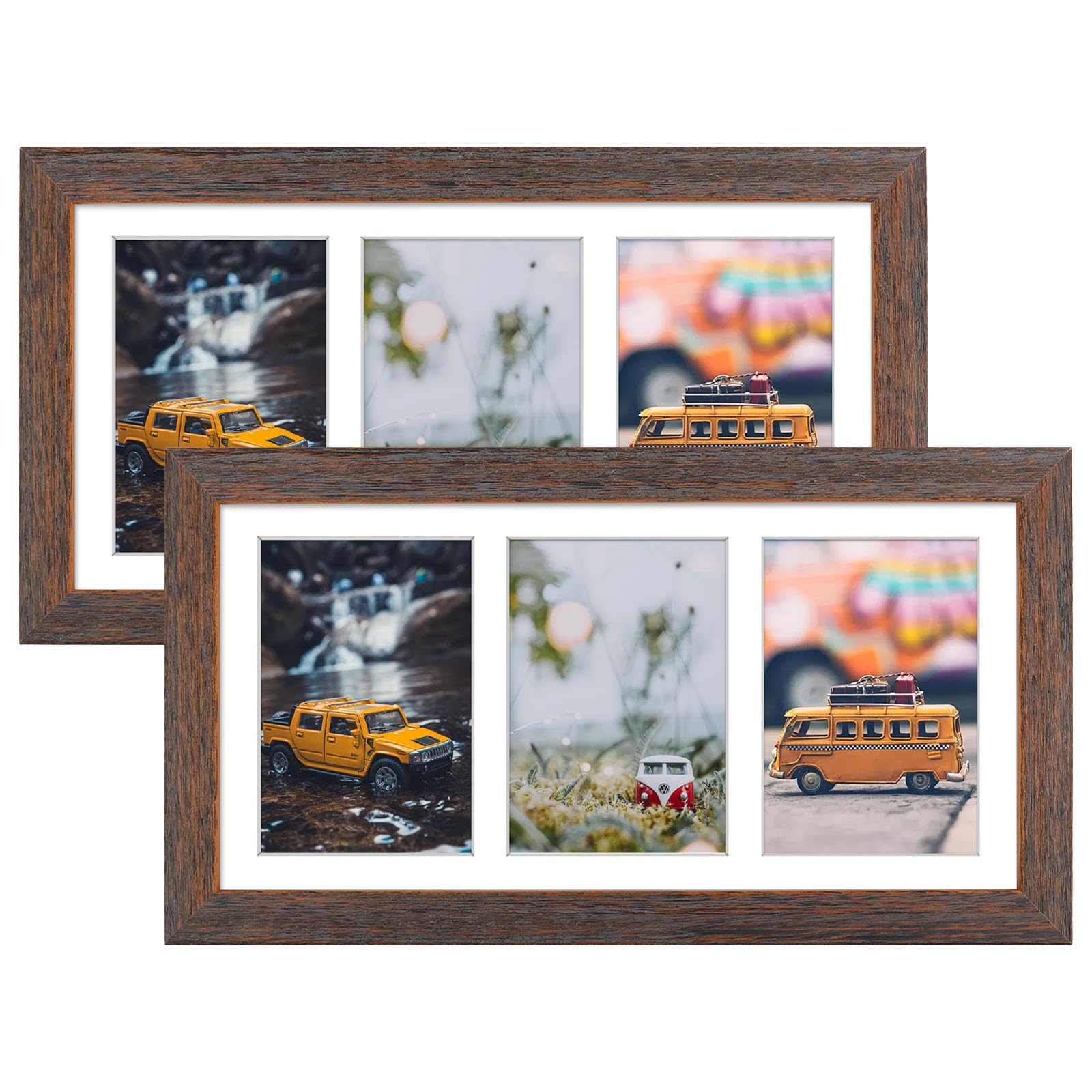 Golden State Art, Set of 2, 7x14 Distressed Brown Wood Frame - 3-Opening White Mat for 4x6 Pictures - Portrait or Landscape Wall