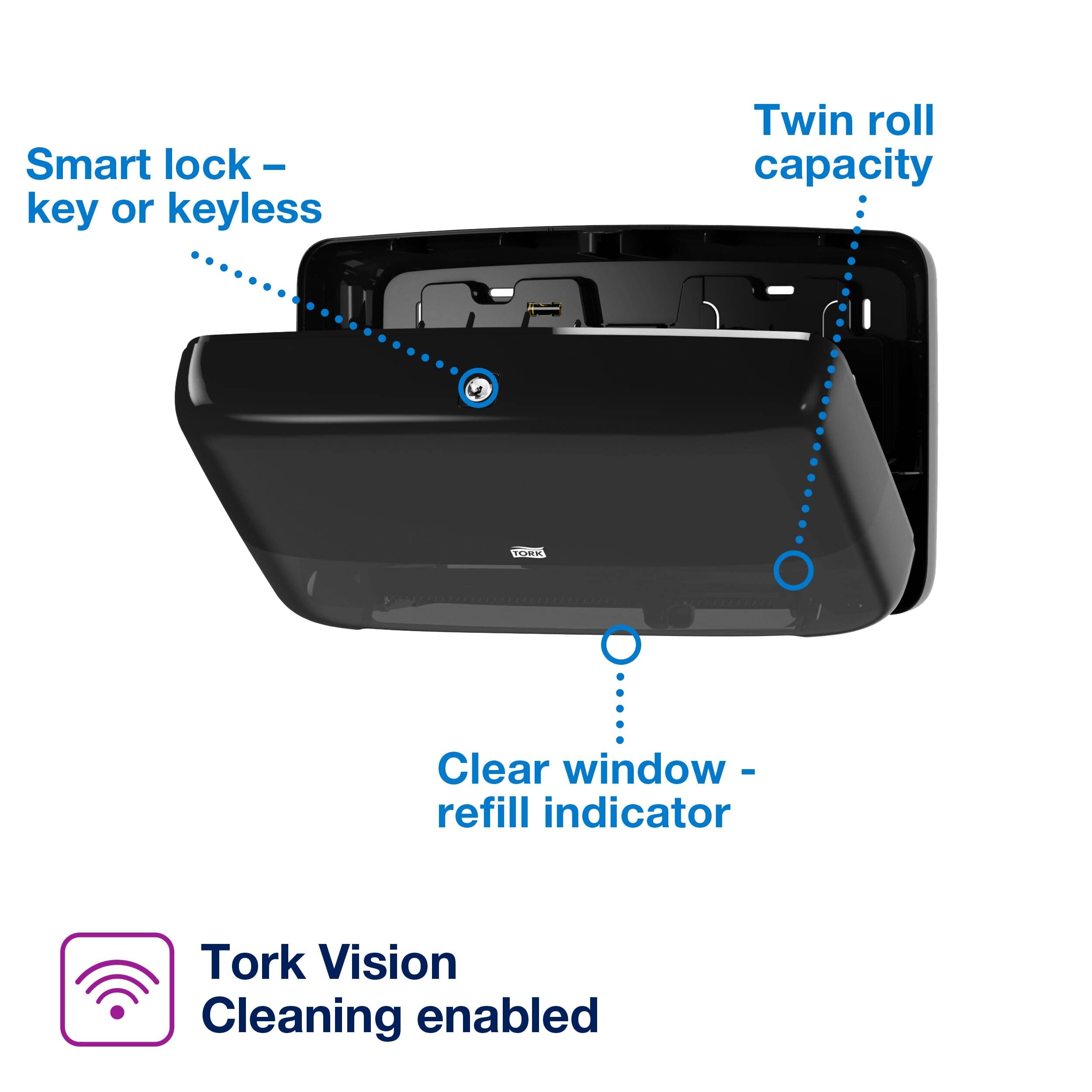 Tork Twin Mini Jumbo Toilet Paper Roll Dispenser Black T2, Protects Rolls, Elevation Range, 5555290