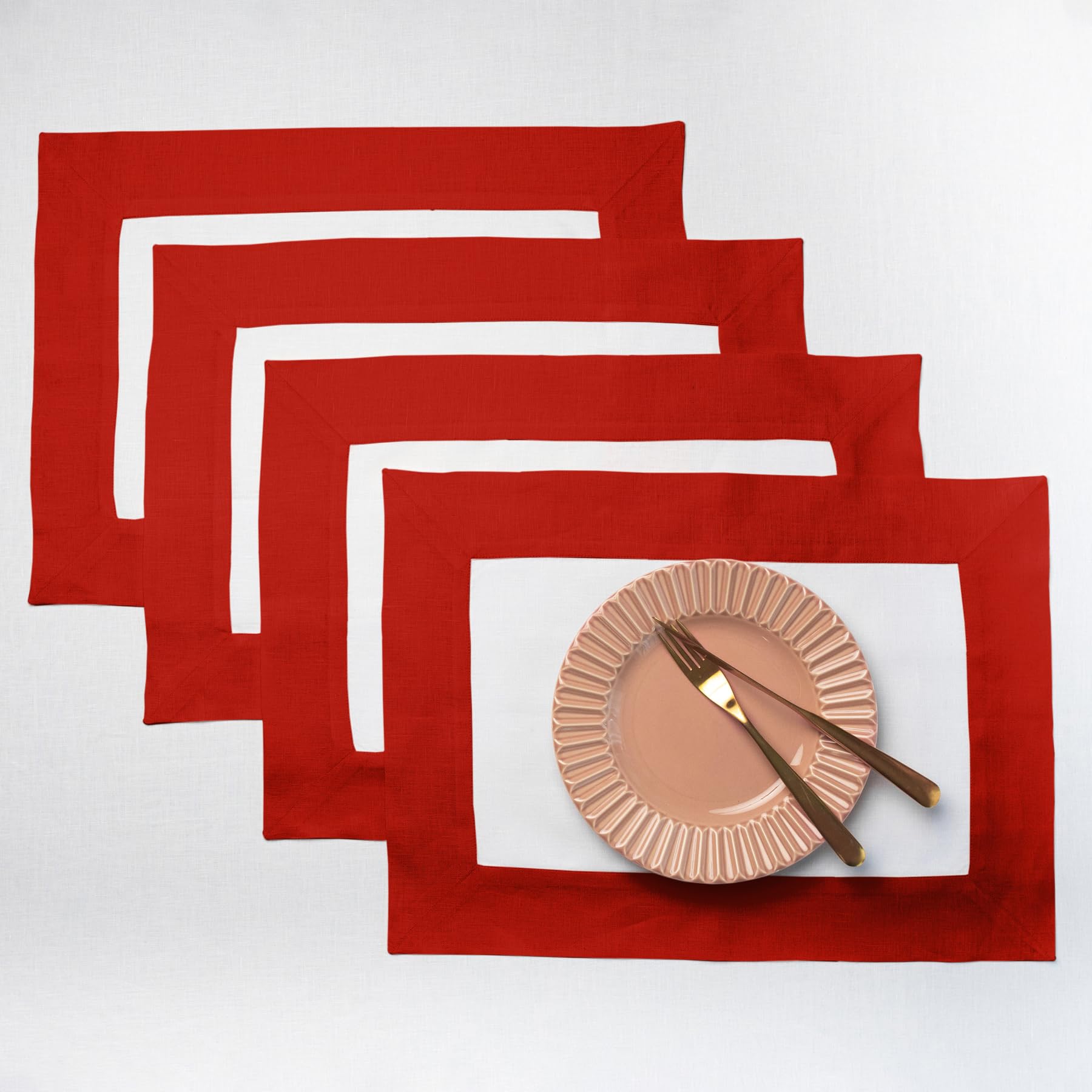 Solino Home Linen Placemats Set Of 4-100% Pure Linen Cloth Fabric Placemats Red And White - 19'' L X 14'' W Inch Washable Dining