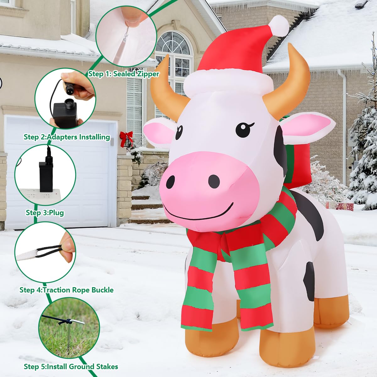 COMIN 5.9 FT Christmas Inflatables Outdoor Decorations Inflatable Cow with LEDs,Quick Blow Up with Built-in LEDs for Yard Party