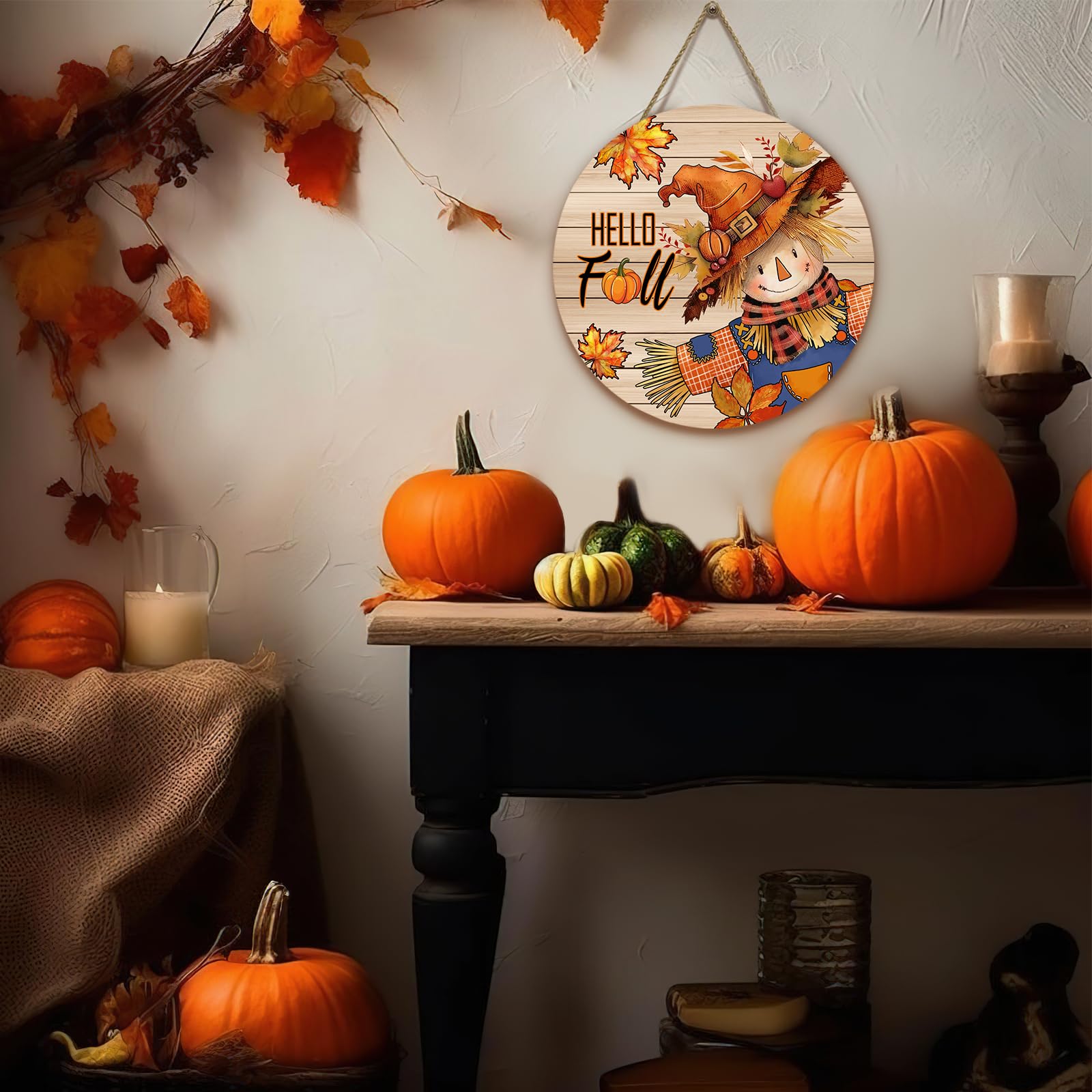 Dacawin Hello Fall Autumn Scarecrow Door Sign for Porch Pumpkins Maple Leaf Wood Hangers Farmhouse Door Sign for Front Door Deco