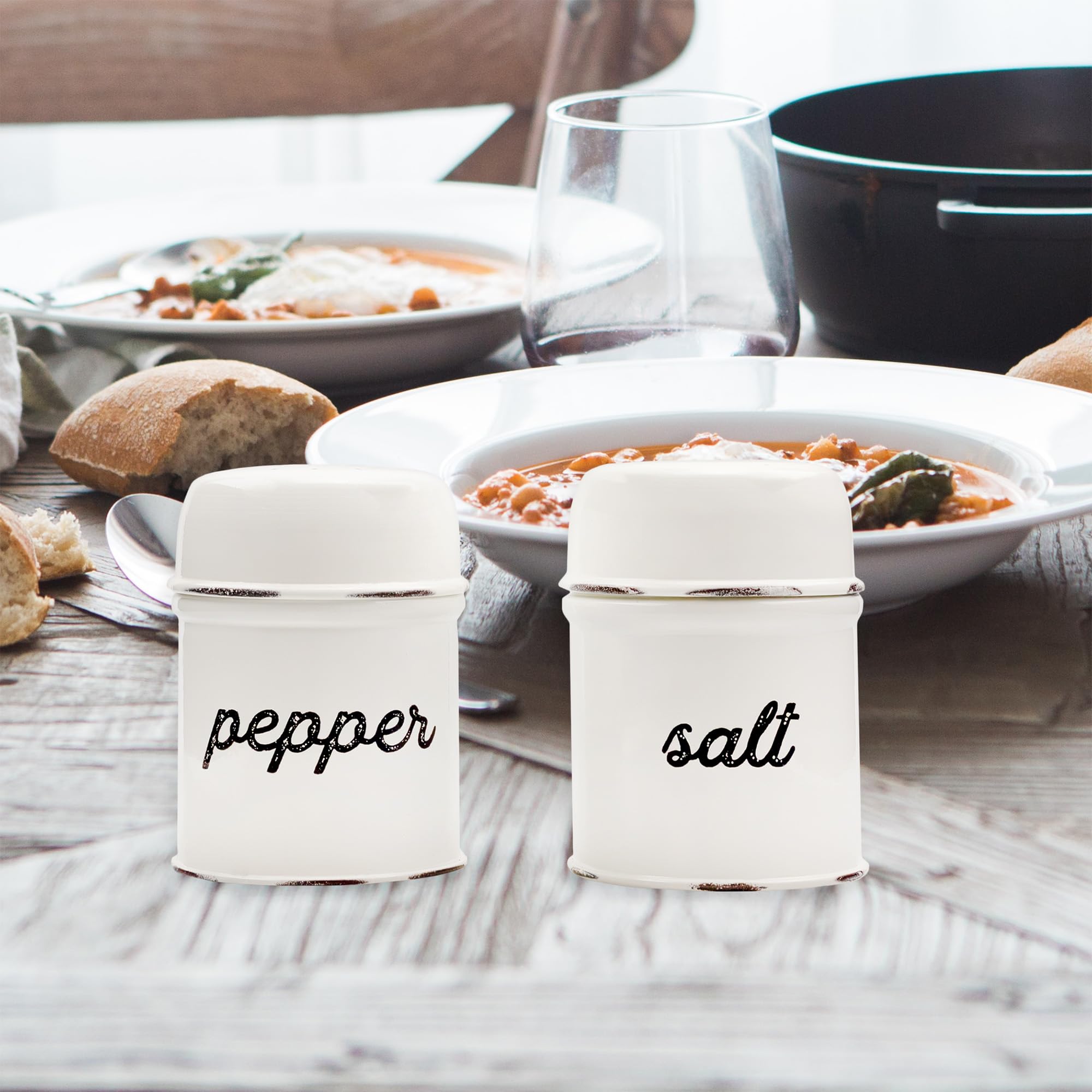 Auldhome Salt And Pepper Shaker Set (White); Rustic Enamelware Retro Vintage Style Shaker Set
