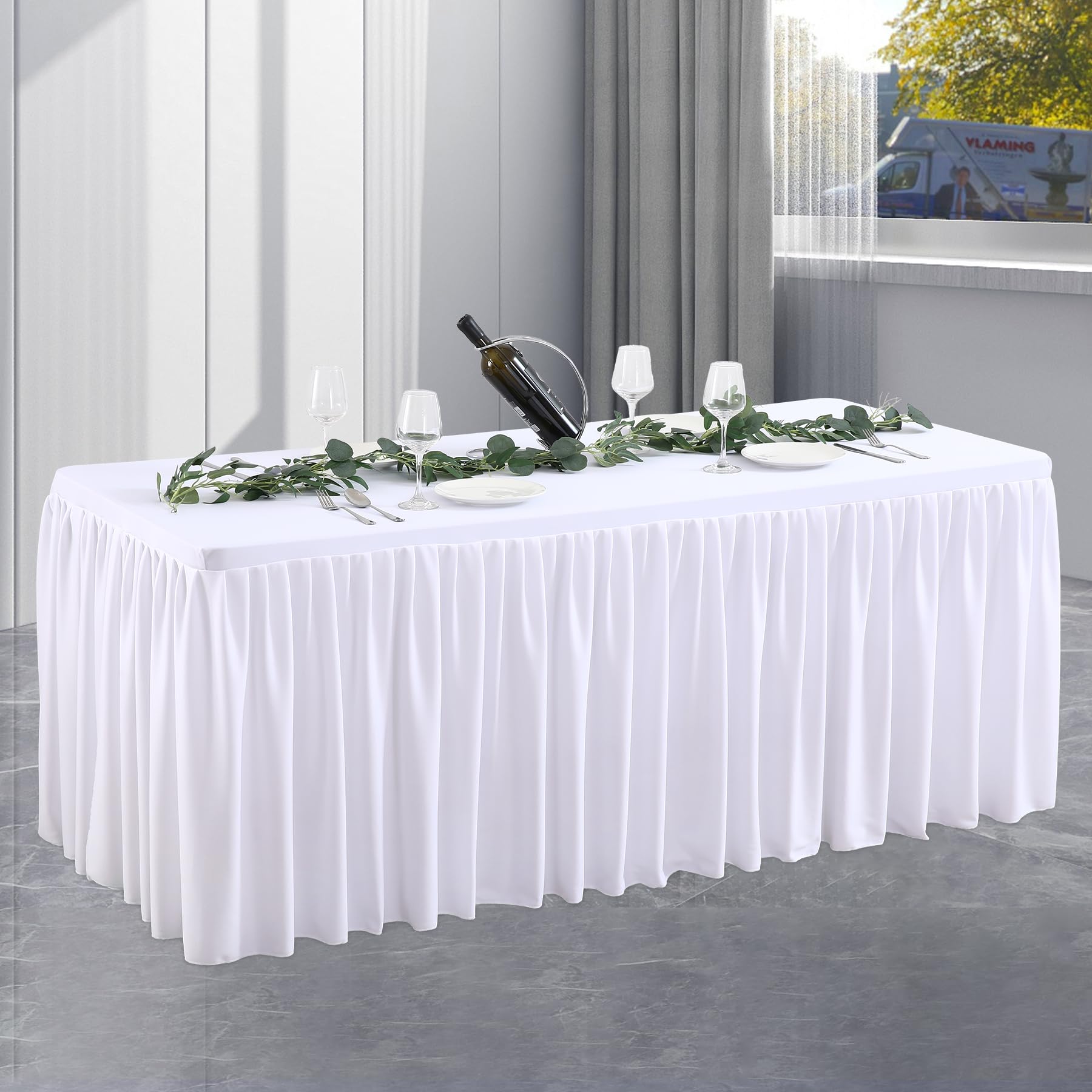Table Covers for 6 Foot Tables, Polyester White Tablecloths for Rectangle Tables with Pleated Ruffle Table Skirt for Birthday Pa