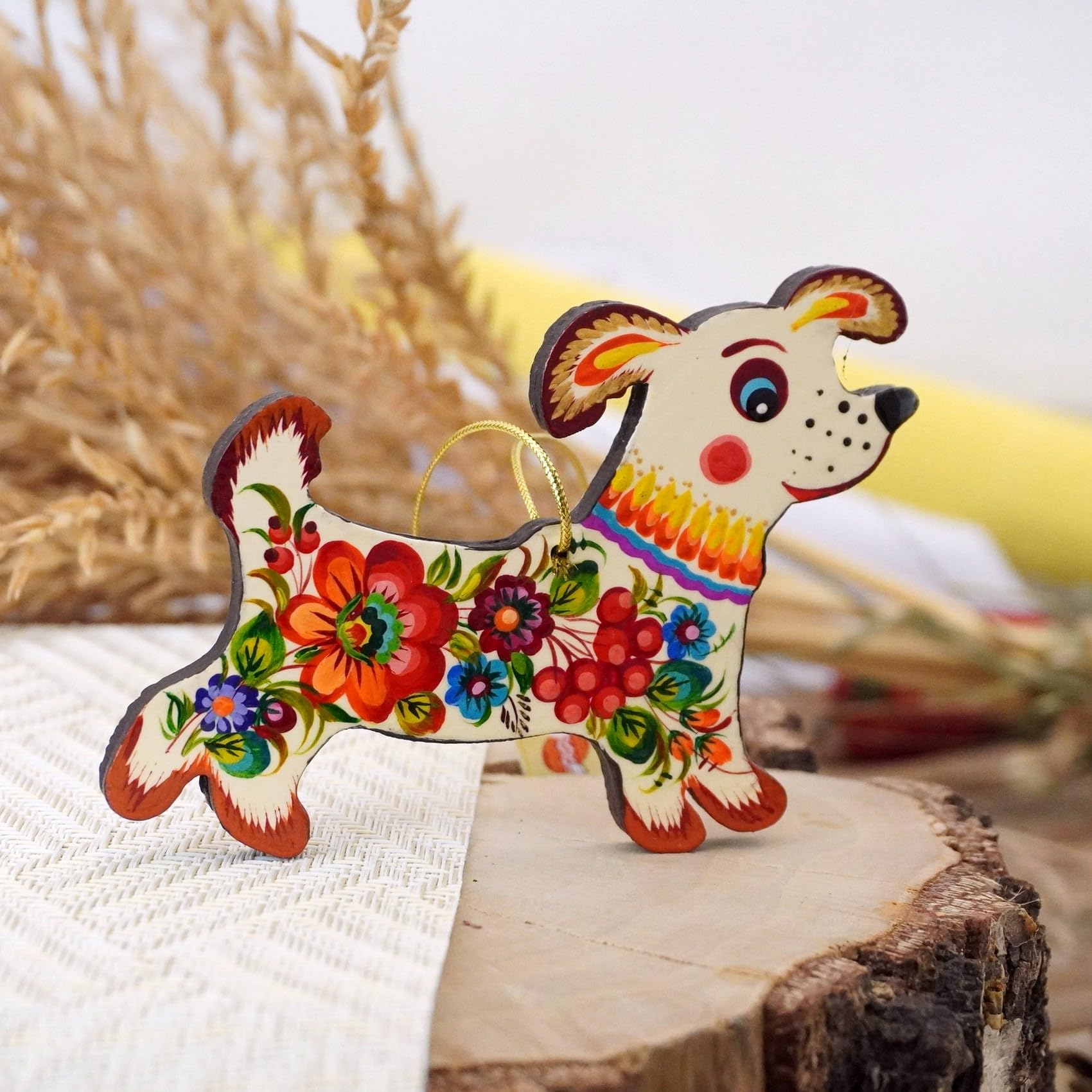Dog Christmas Tree Ornament Wooden Flat Pet Decoration 3.9 x 3 x 0.2 inches Hand-painted Floral Ukrainian Folk Art Ornaments