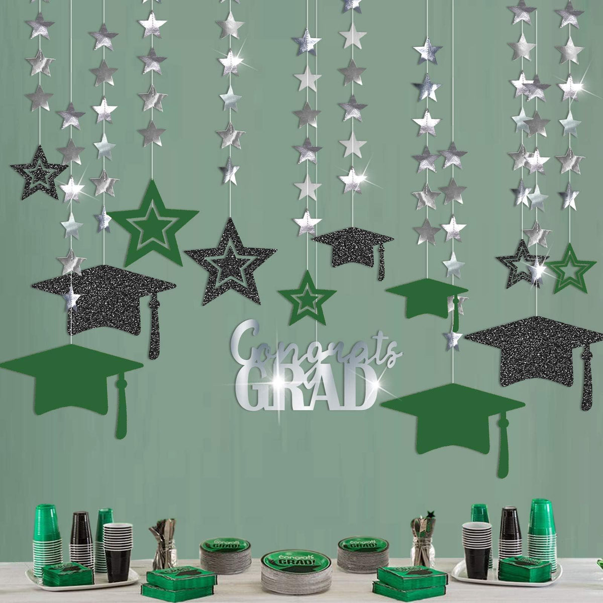 Cheerland Green Graduation Party Decoration Kit Black Cap Decor Shiny Congrats Grad Banner Star Hat Garland Hanging Streamer Ban