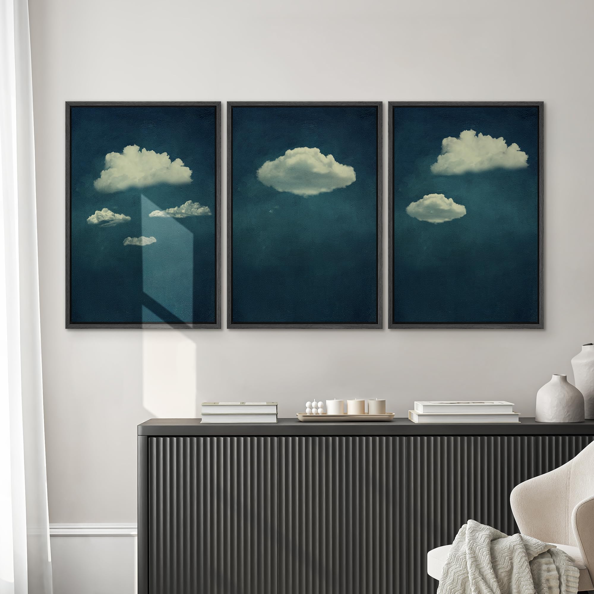SIGNWIN 3 Piece Framed Canvas Wall Art A Series of White Clouds in The Blue Sky Nature Wilderness Illustrations Abstract Traditional Home Artwork Decoration for Living Room Bedroom - 16''x24''x3 Black