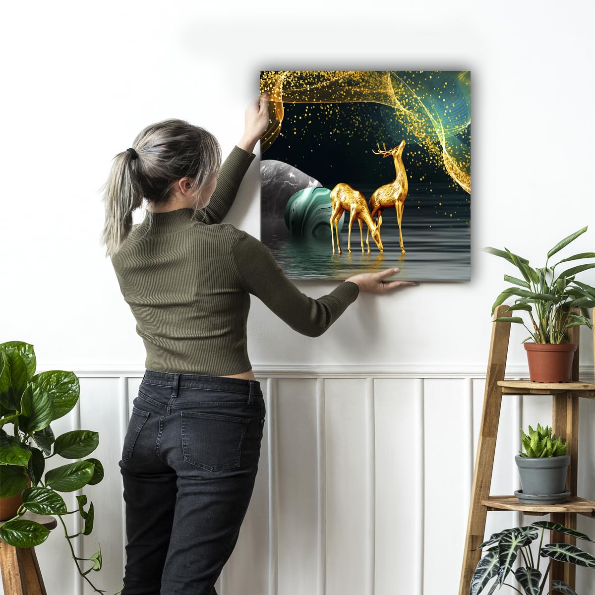 Maxstone Goldan Deer Wall Painting Wall Art Home Decoretive for Living Room, Bedroom, Office, Hotels, Drawing Room (55.88 X 55.8