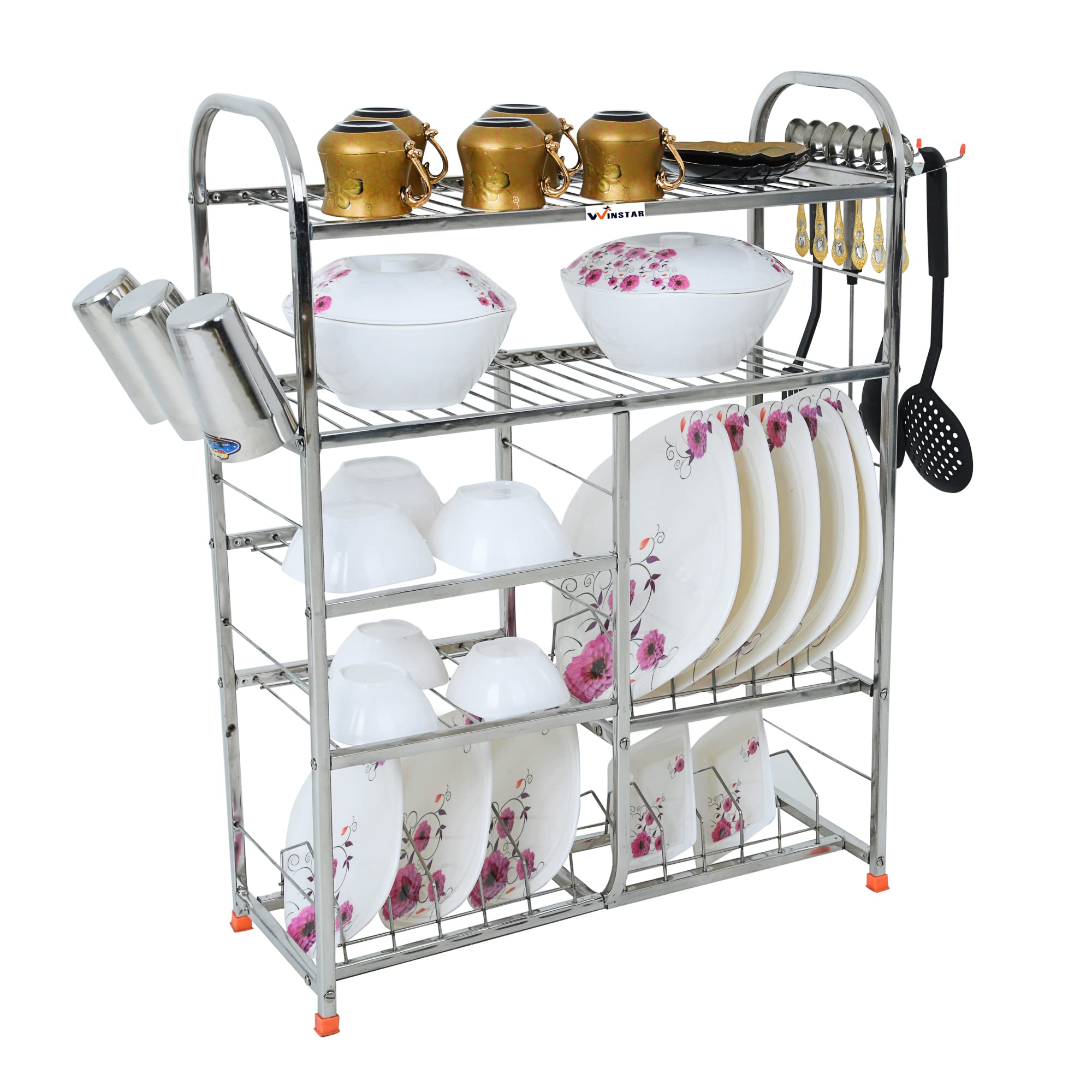 Winstar Stainless Steel 5 Layer Wall Mount Kitchen Dish Rack | Utensils Rack With Plate & Cutlery Stand | Modular Kitchen Storag