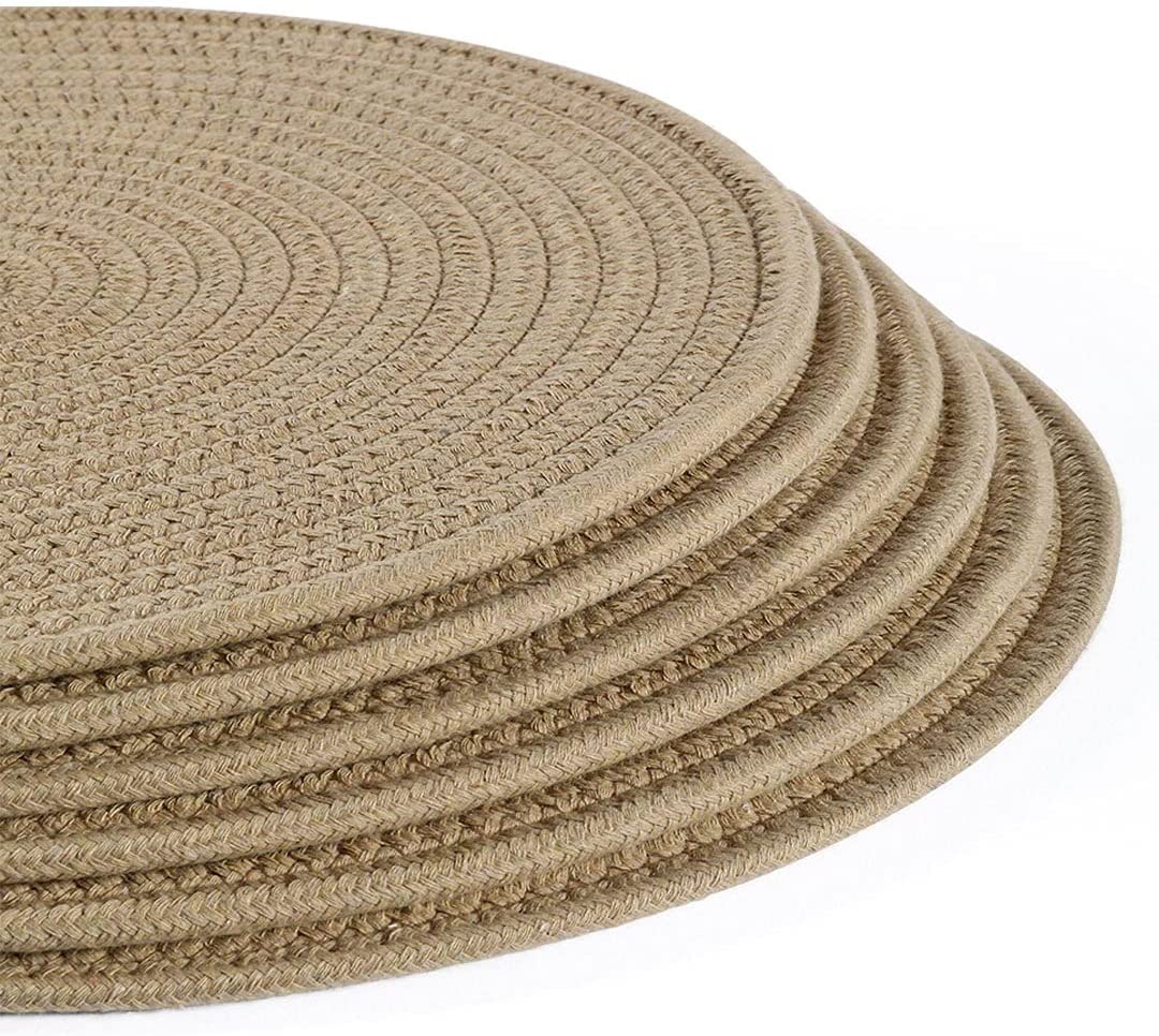 Wenfome 6 Pack Round Woven Placemats,13.8 Inch Plate Chargers Brown Cotton Thick Place Mats Cotton Rope Braided Tablemats Rattan