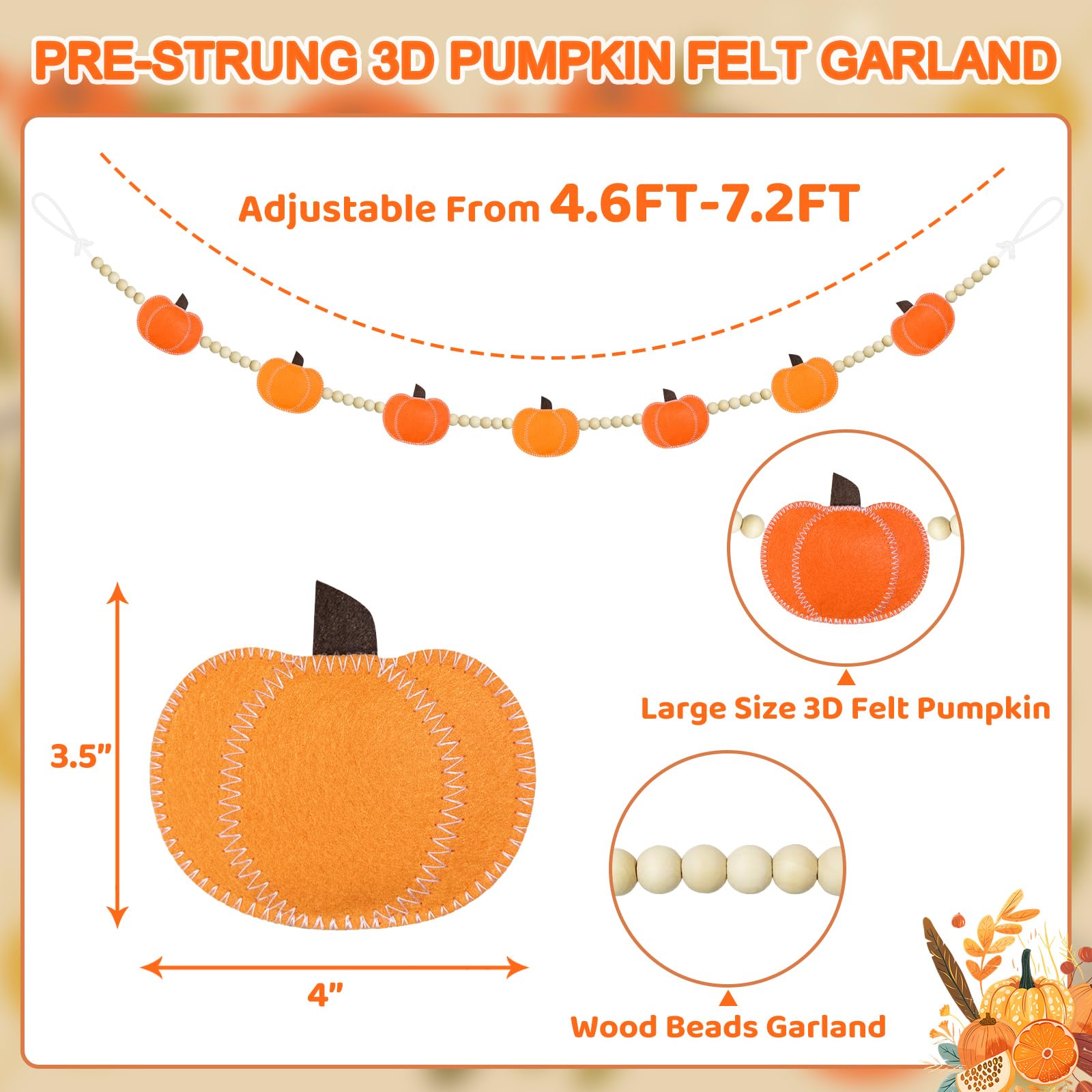 Thanksgiving Decorations Pumpkin Garland, Adjustable Wood Bead Felt Pumpkins Hanging Garland, Fall Banner for Home Mantel Firepl