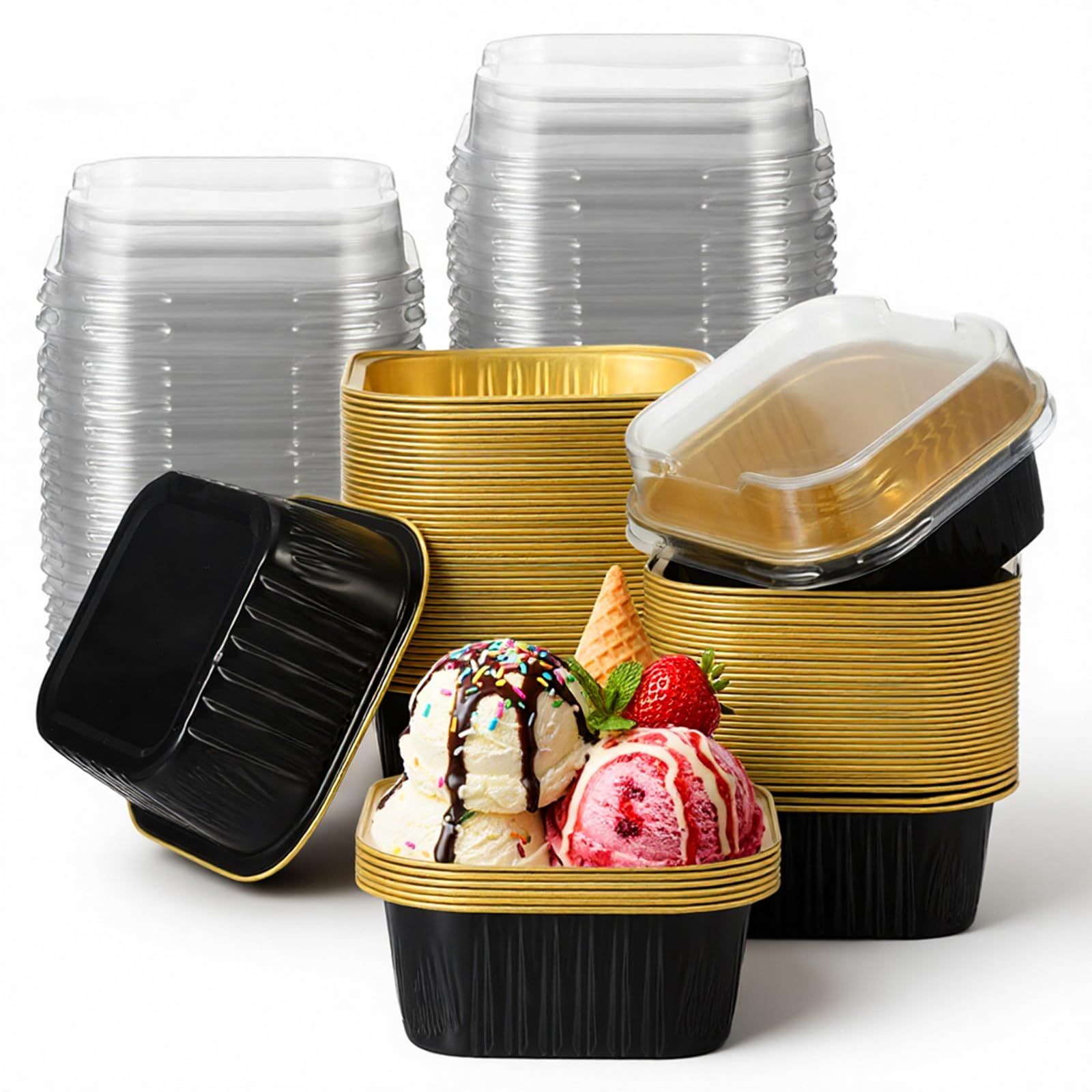 Afcabakila 100 Pack Mini Cake Pans with Lids, 5oz Dessert Cups Aluminum Foil Mini Cupcake Cups, Square Disposable Muffin Baking 
