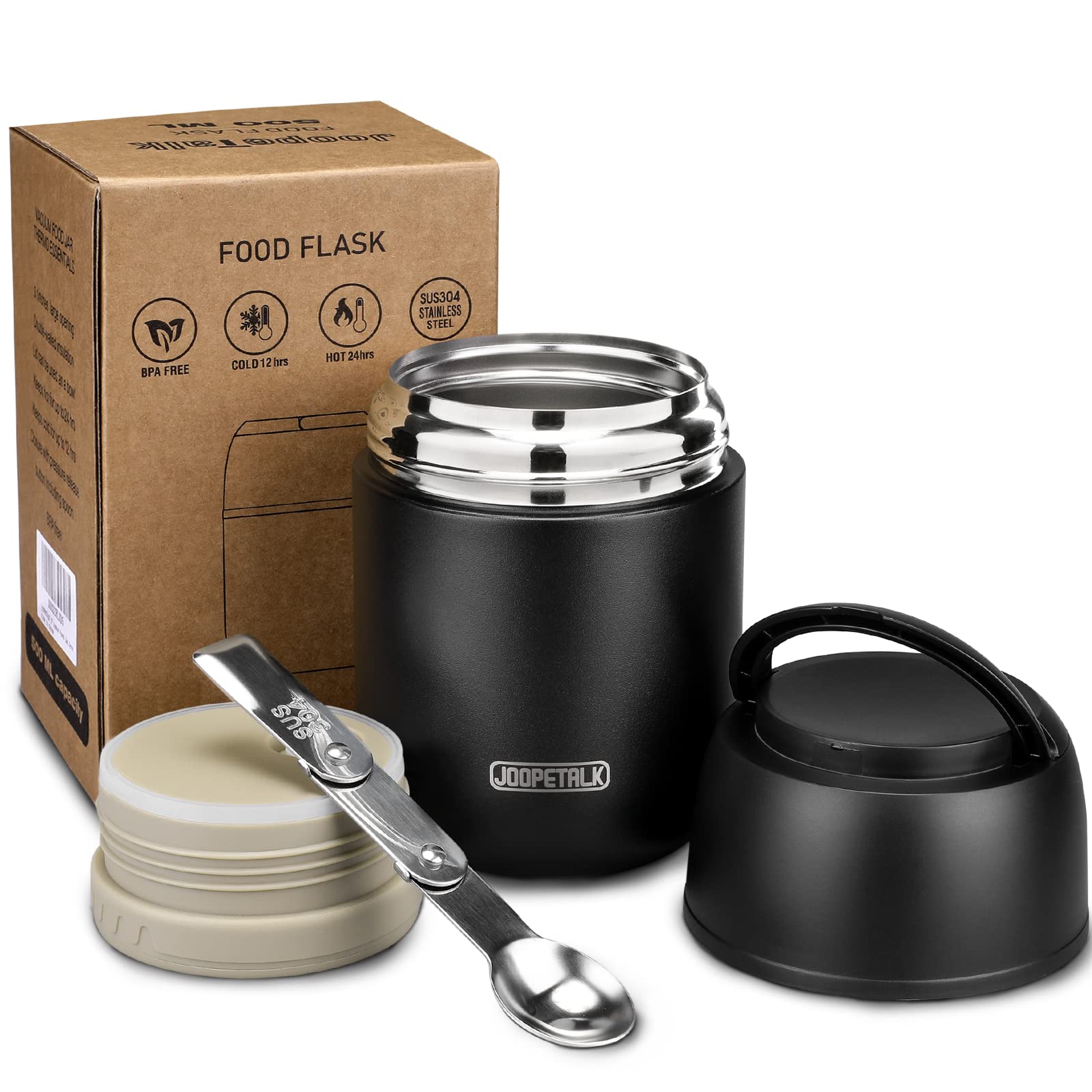 JOOPETALK 17 oz Insulated Lunch Containers, Black, Vacuum Stainless Steel Thermo Lunch Box with Handle and Folding Spoon for Sch