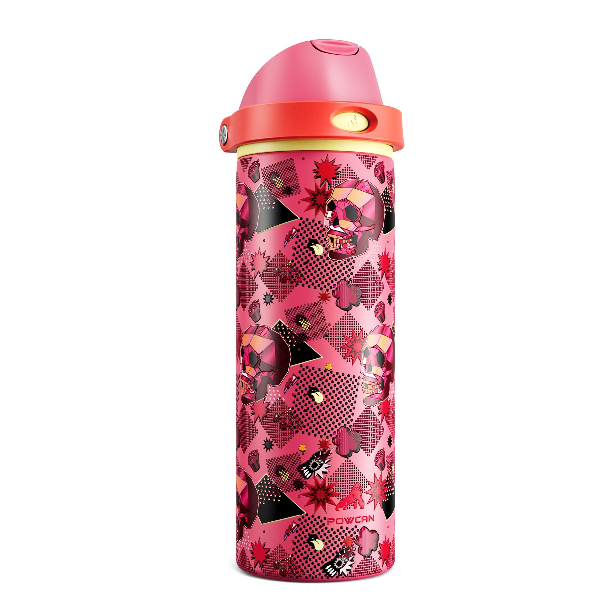 POWCAN 24 oz Insulated Skull Water Bottle: 2-in-1 Lid with Push-Button Spout & Quick-Flip Straw, Leakproof, Car Cupholder Friend