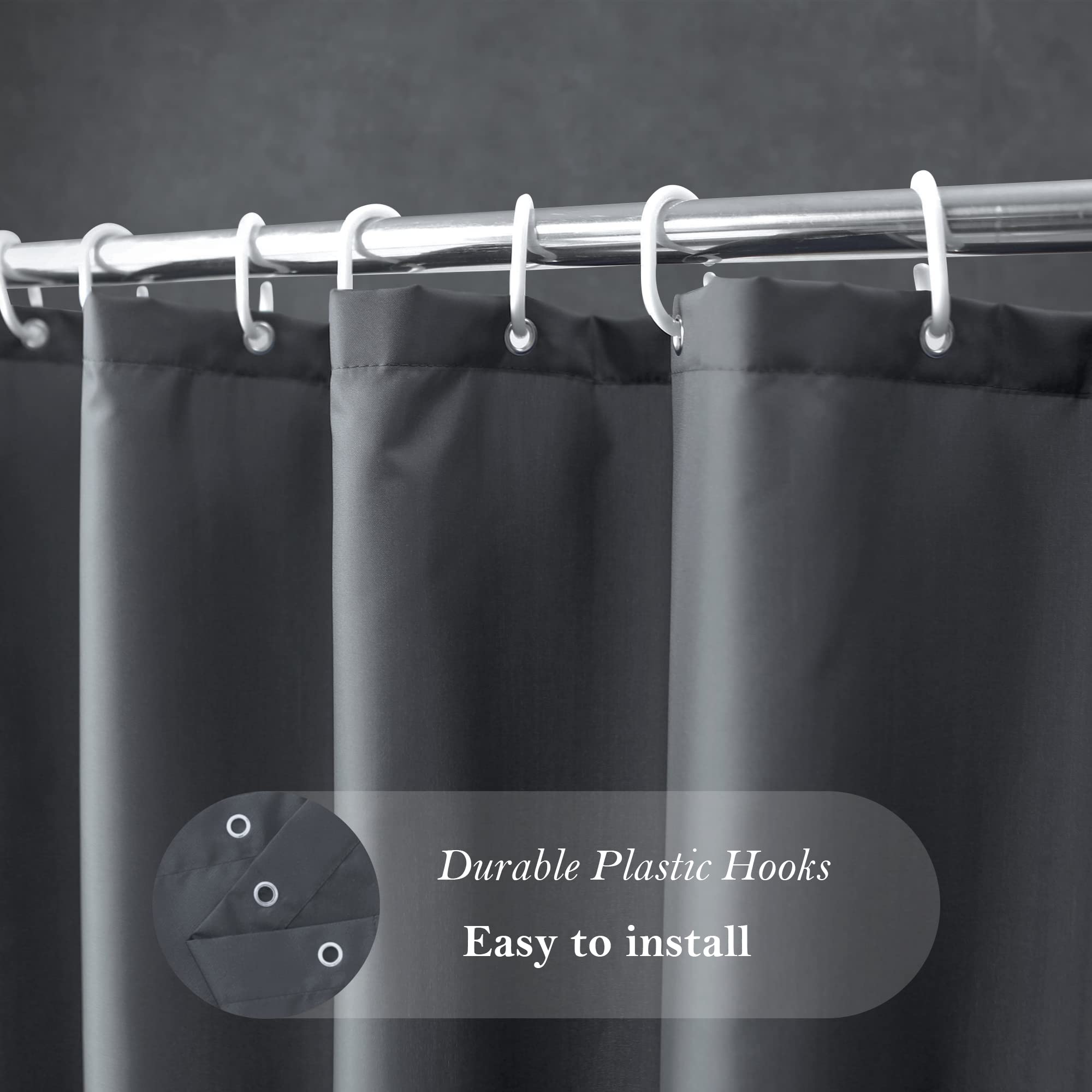 Aoohome Hotel Fabric Shower Curtain Liner, Solid Bathroom Curtain With Hooks, Waterproof, Dark Grey, 72 Width X 75 Height Inch