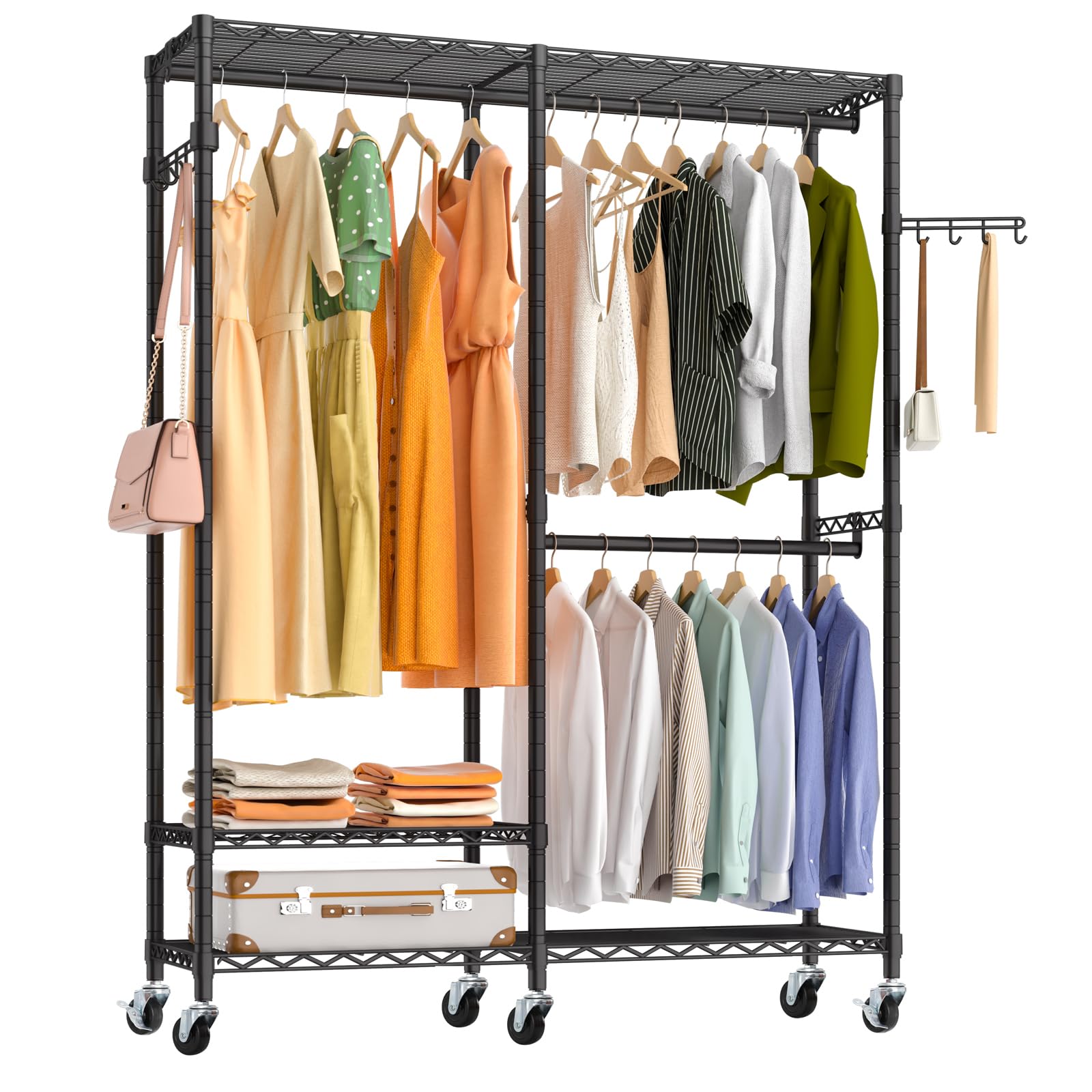 Exglobol Rolling Clothes Rack, Heavy Duty Garment Rack For Hanging Clothes, Wire Adjustable Rolling Clothing Rack With Lockable