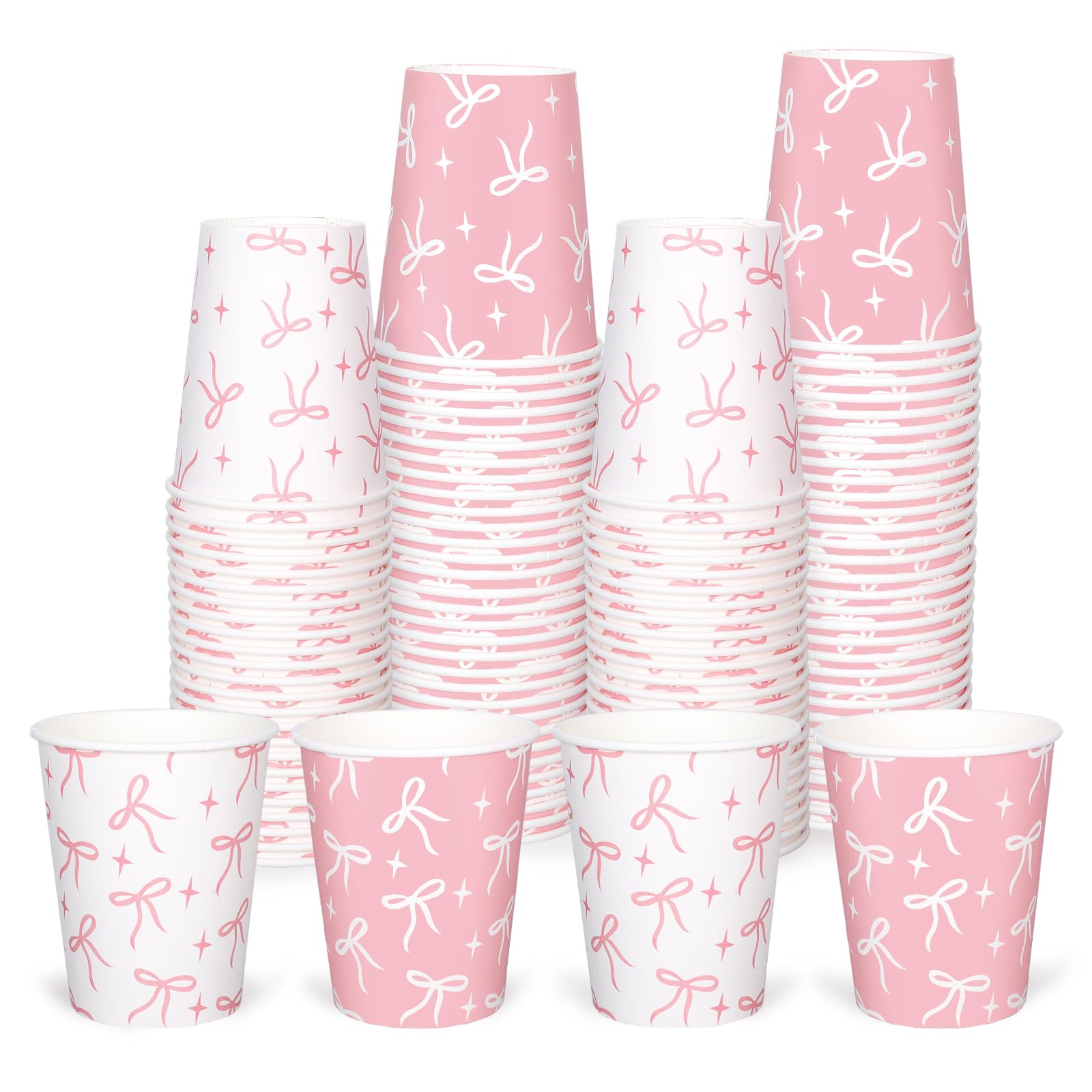 Whaline 100 Pcs Pink Bow Paper Cups 9 Oz Disposable Coffee Cups Bow Theme Birthday Party Cup for Wedding Bridal Baby Shower Part