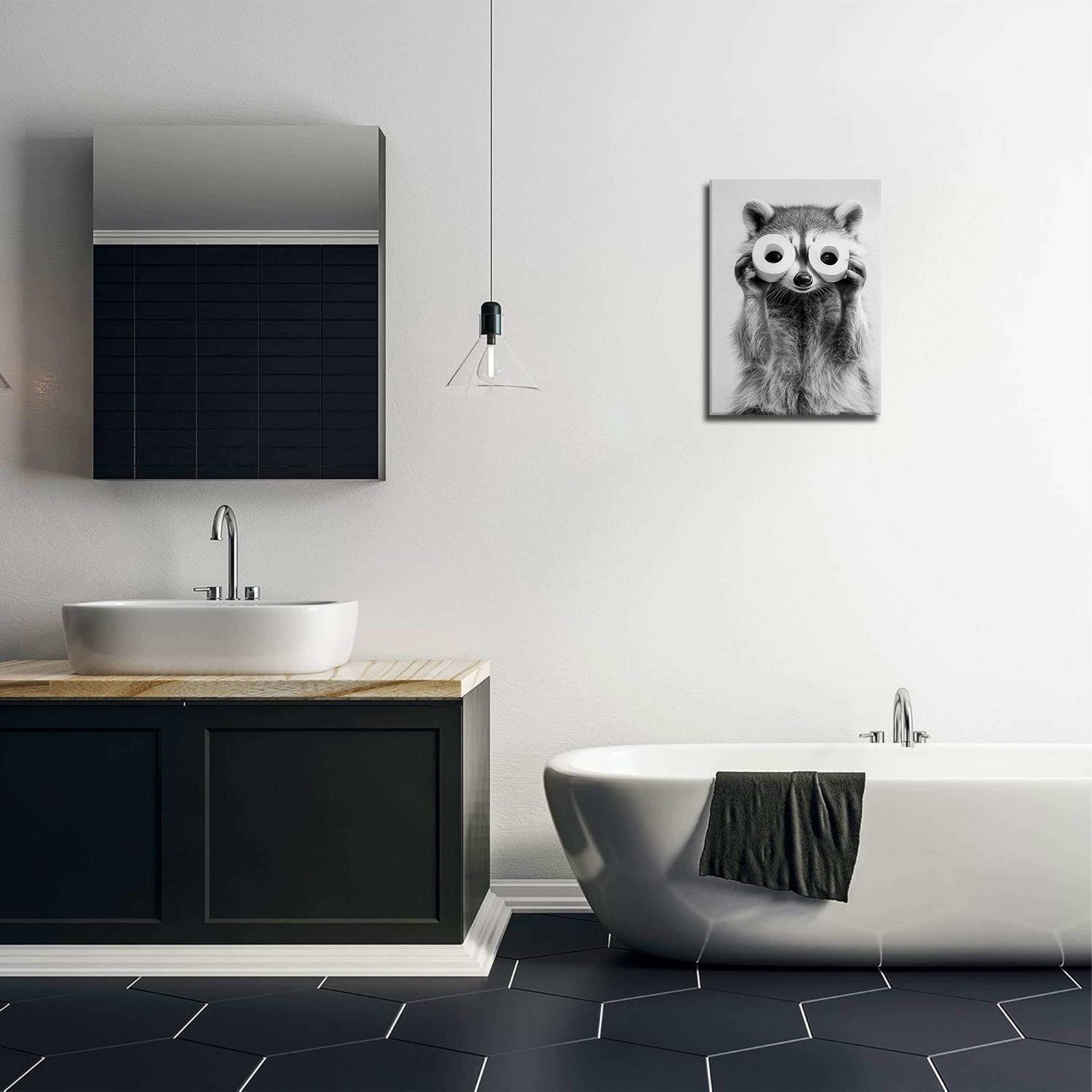 Adorable Raccoon Bathroom Canvas Wall Art Toilet Paper Raccoon Wall Decor Pictures Funny Black and White Bathroom Animal Posters