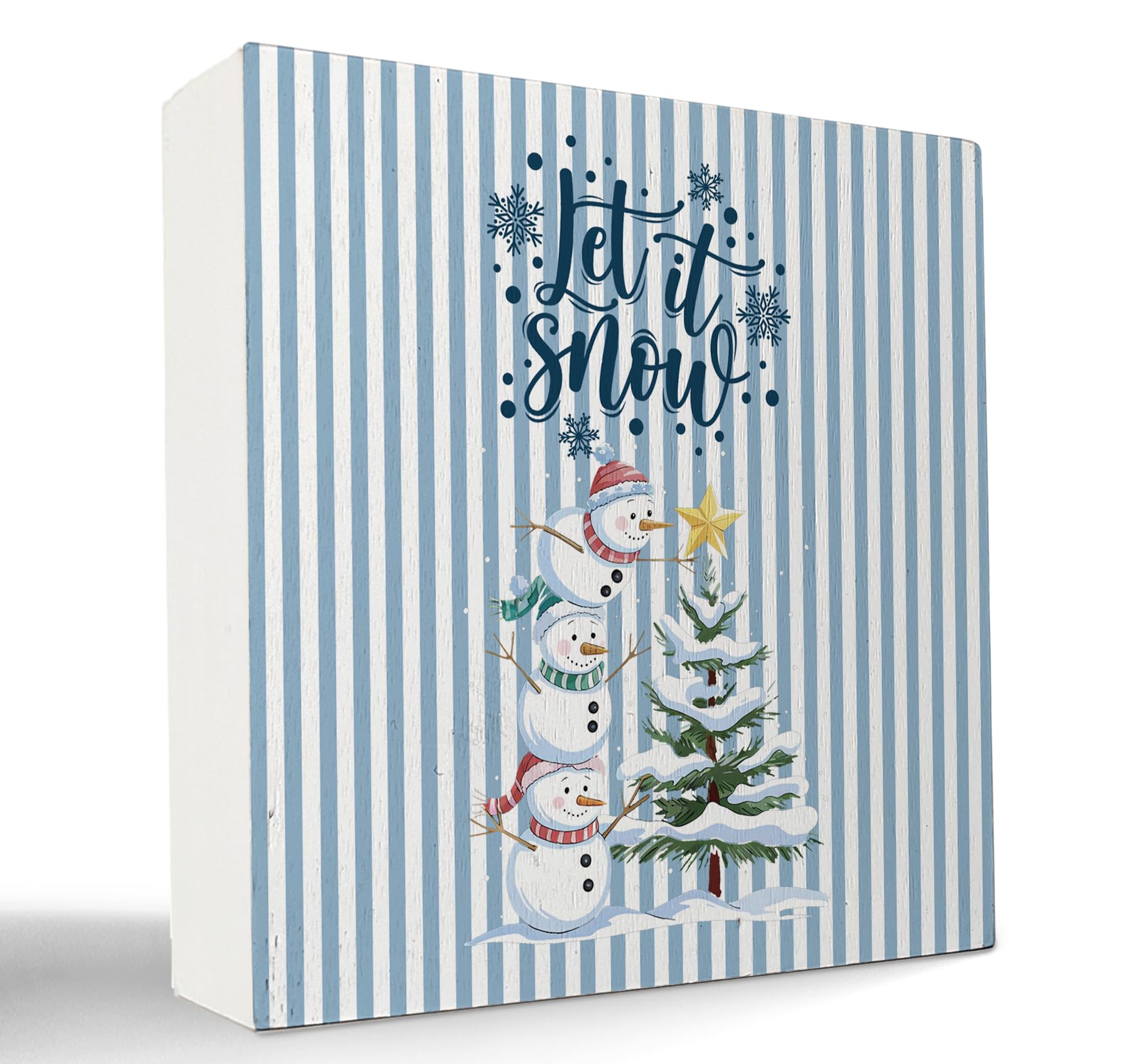 kunlisa Let It Snow Christmas Snowman Wooden Sign, Christmas Desk Decor, Festive Xmas Tree Snowflake Blue Striped Wood Box Sign 