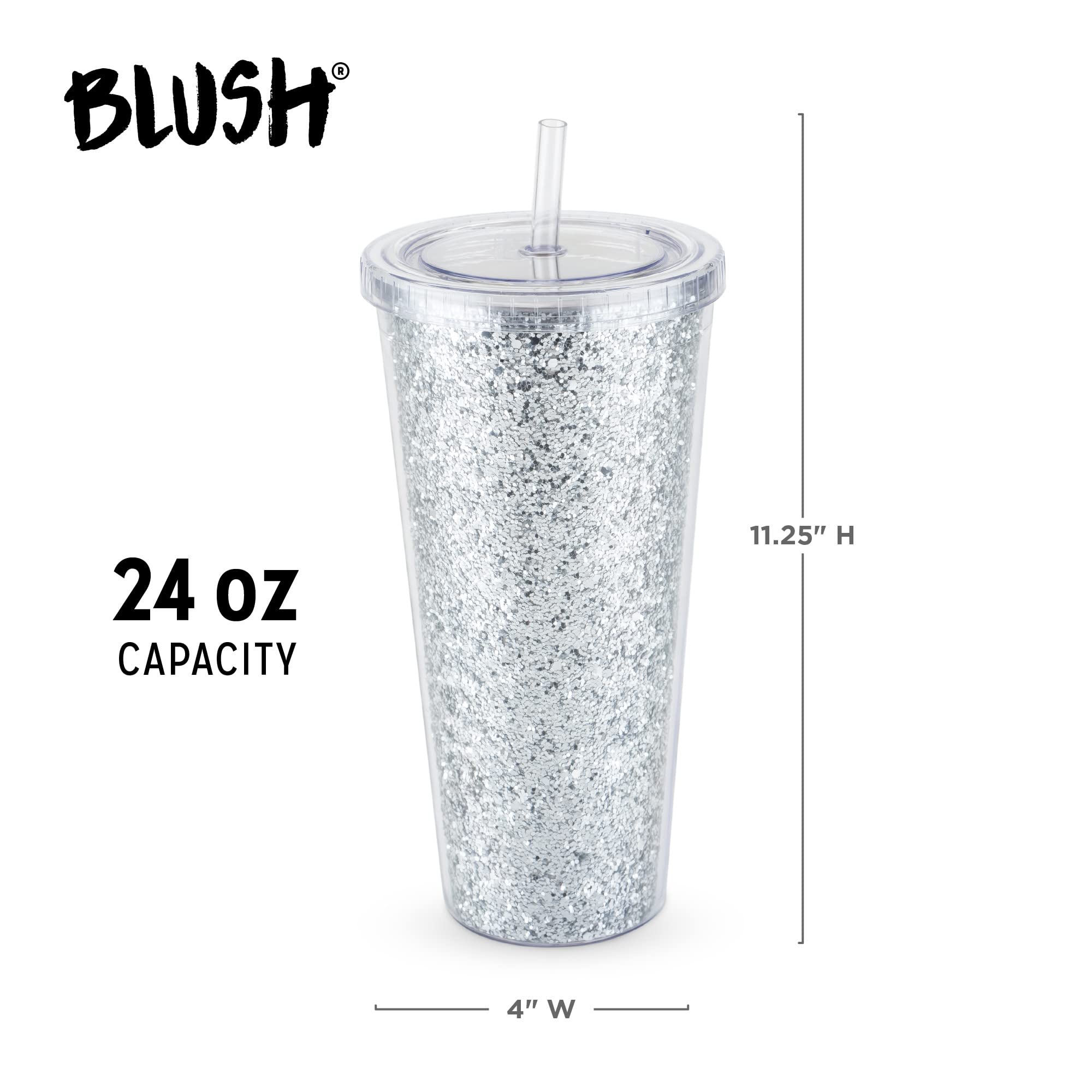 Blush Glam Double Walled Glitter Acrylic Plastic Lid And Straw Reusable Cups For Smoothie, Iced Coffee Tumblers, 24 Oz, Set Of 1