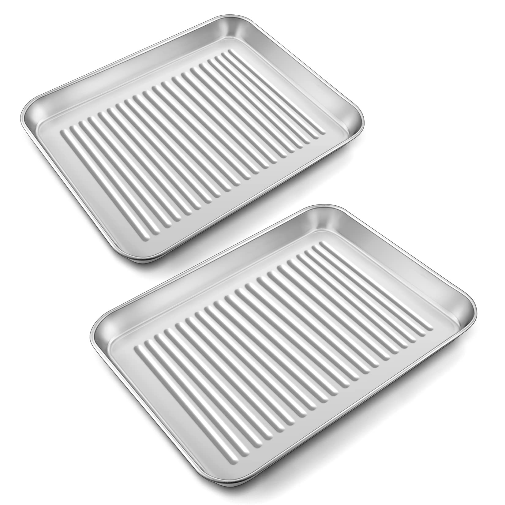 P&P Chef Mini Toaster Oven Pan Set Of 2, 9 X 7 X 1 Inch Stainless Steel Small Baking Cookie Pan For Cooking & Roasting, Corrugat