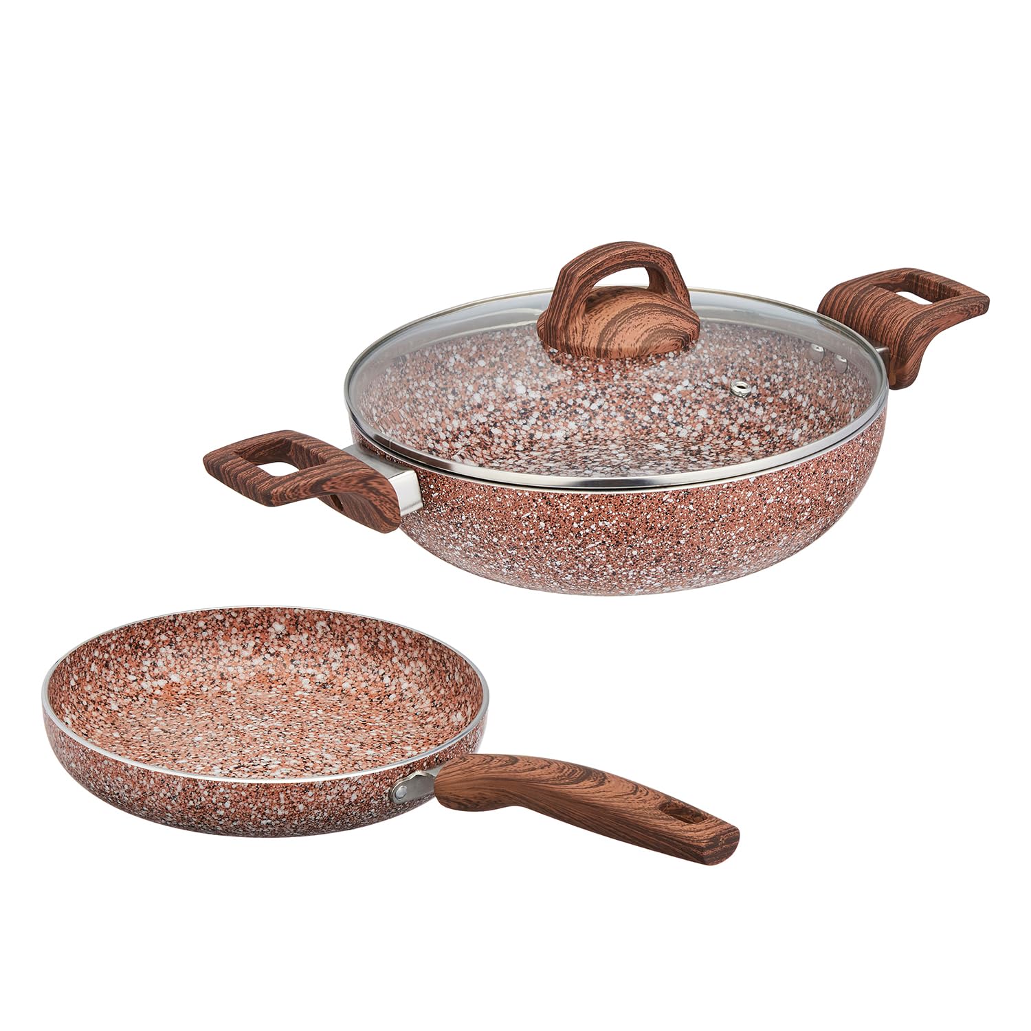 Amazon Basics Granite Finish Aluminium Non-Stick Induction Base Cookware | Set Of 2 | 24Cm Fry Pan, 24 Cm Kadai | Rust Granito |