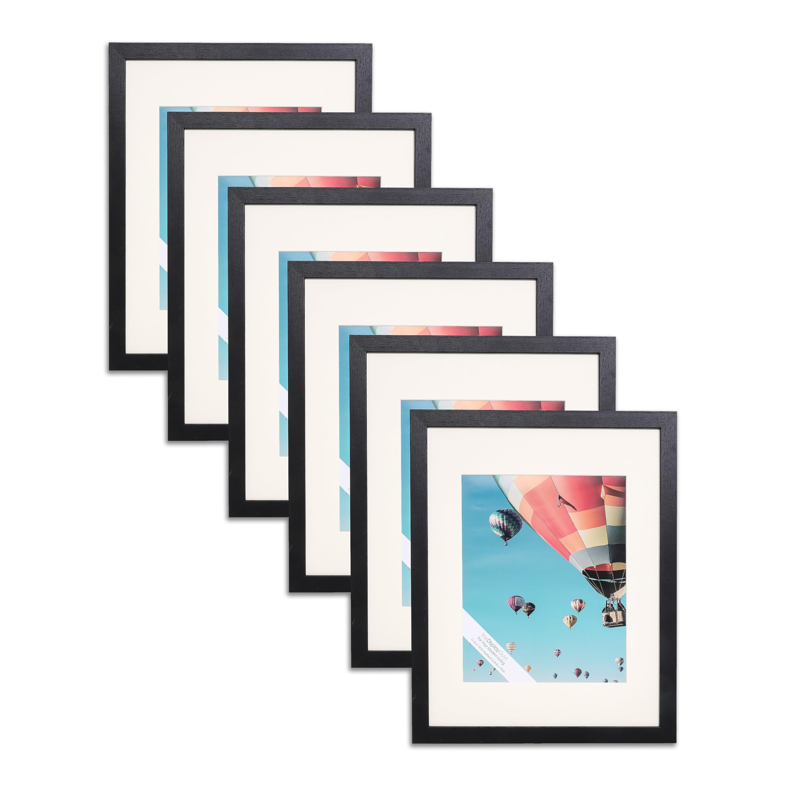The Display Guys - Set of 6 Wooden Picture Frames 11x14 matted to 8x10 - Plexiglass - Low-Profile - Black - Wall Hanging
