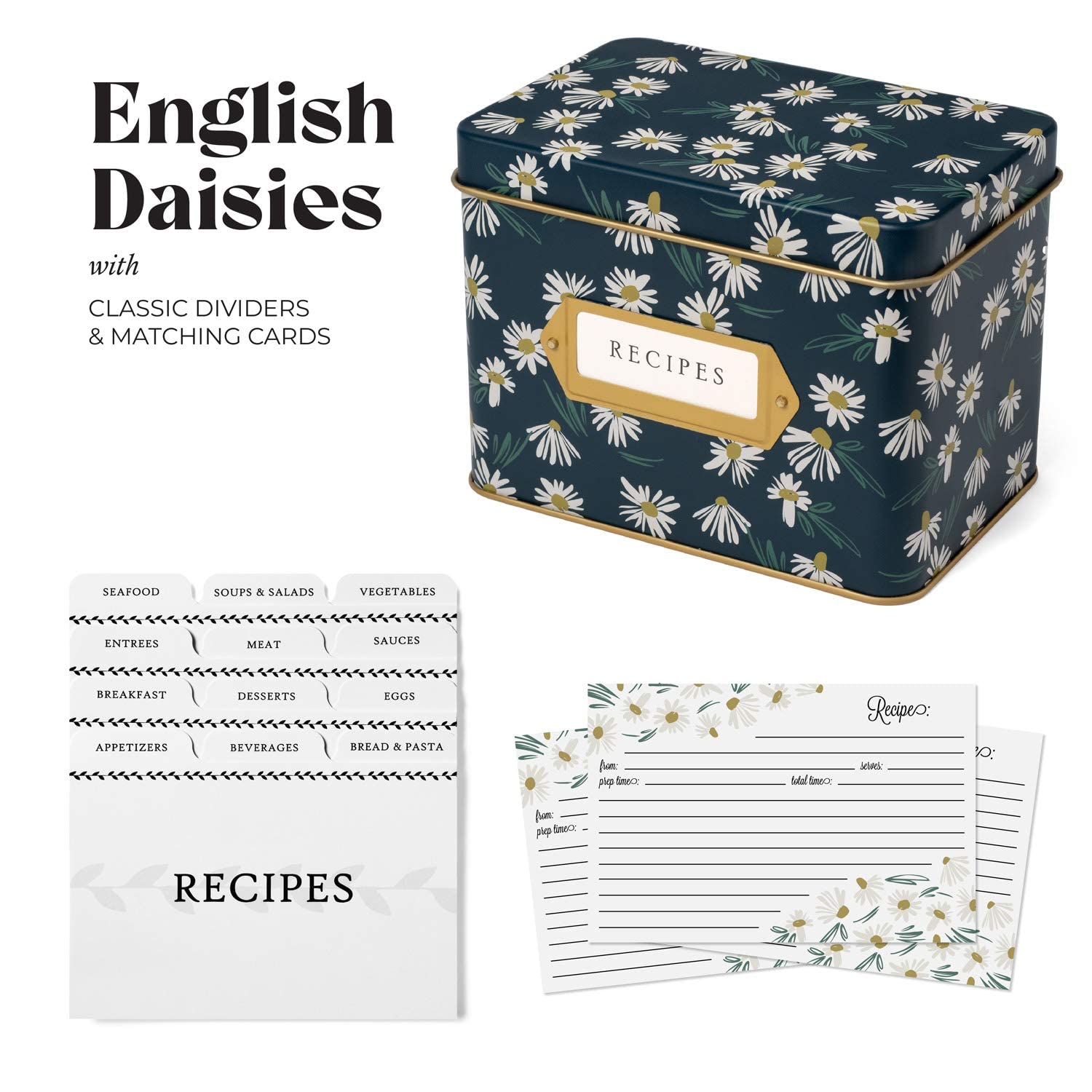 Jot & Mark Decorative Recipe Tin Box For Recipe Cards, Greeting Card Holder 4'' X 6'' (Recipe Box Kit, English Daisies)