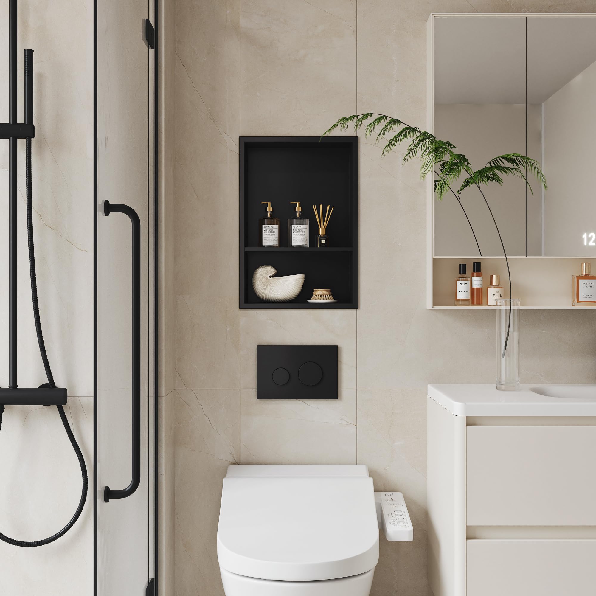 Neodrain 12X18 Inch Matte Black Double Shelf Stainless Steel Shower Niche, No Tile Needed Bathroom Niche, Two Layer Recessed Bui