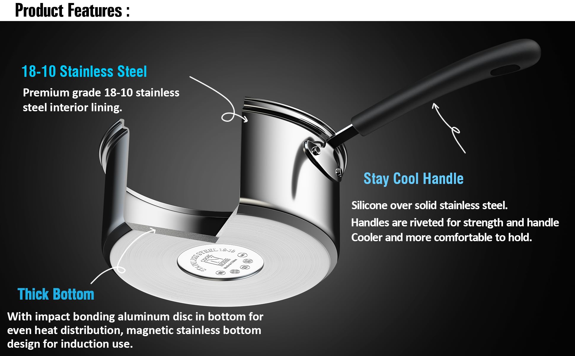 Cook N Home Double Boiler Saucepan 2QT, Stainless Steel, Tempered Glass Lid, Model 02655