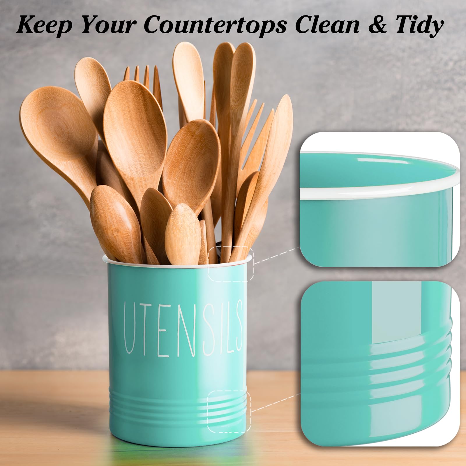 Teal Kitchen Utensil Holder, 6.7'' Utensil Holder For Kitchen Counter, Cooking Utensil Crock With Cork Bottom, Turquoise Kitchen