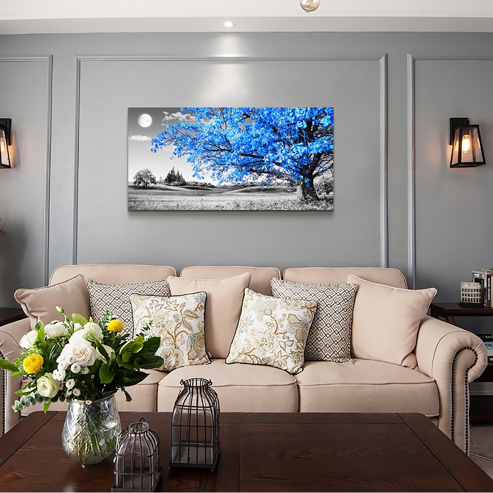wall art for living room Simple Life Blue moon tree landscape Abstract painting office Wall Decor 20'' x 40'' single Pieces Canvas Prints Ready to Hang for Home Decoration Black and white Works of art