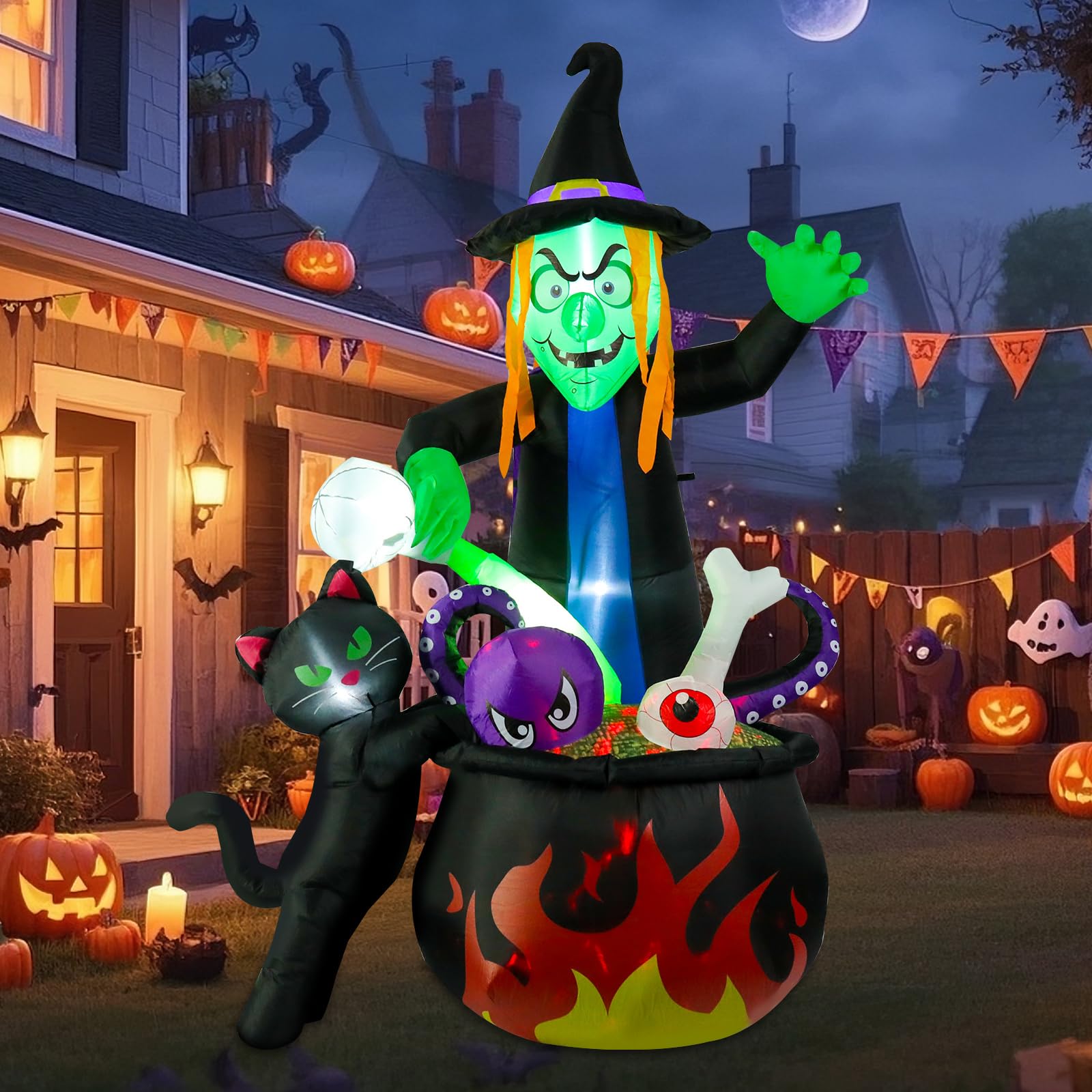 Halloween Inflatable Witch with Cauldron Pot 6FT Halloween Blow Up Inflatables Outdoor Decorations with Build-in LEDs for Home Y