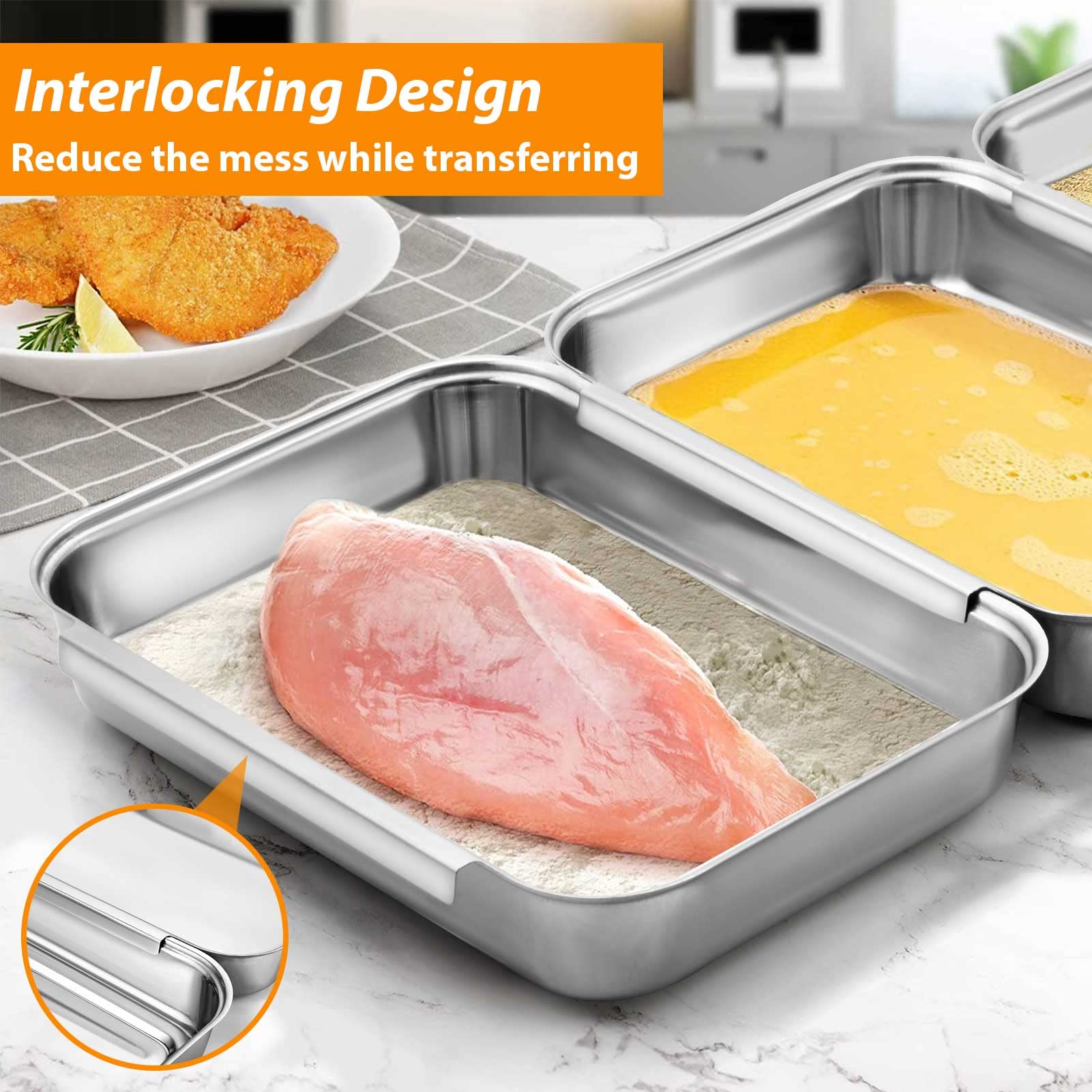 Hulisen Set Of 3 Breading Pans, Stainless Steel Breading Set For Marinating Meat, Chicken, Fish, Food Prep Trays, Coating Trays