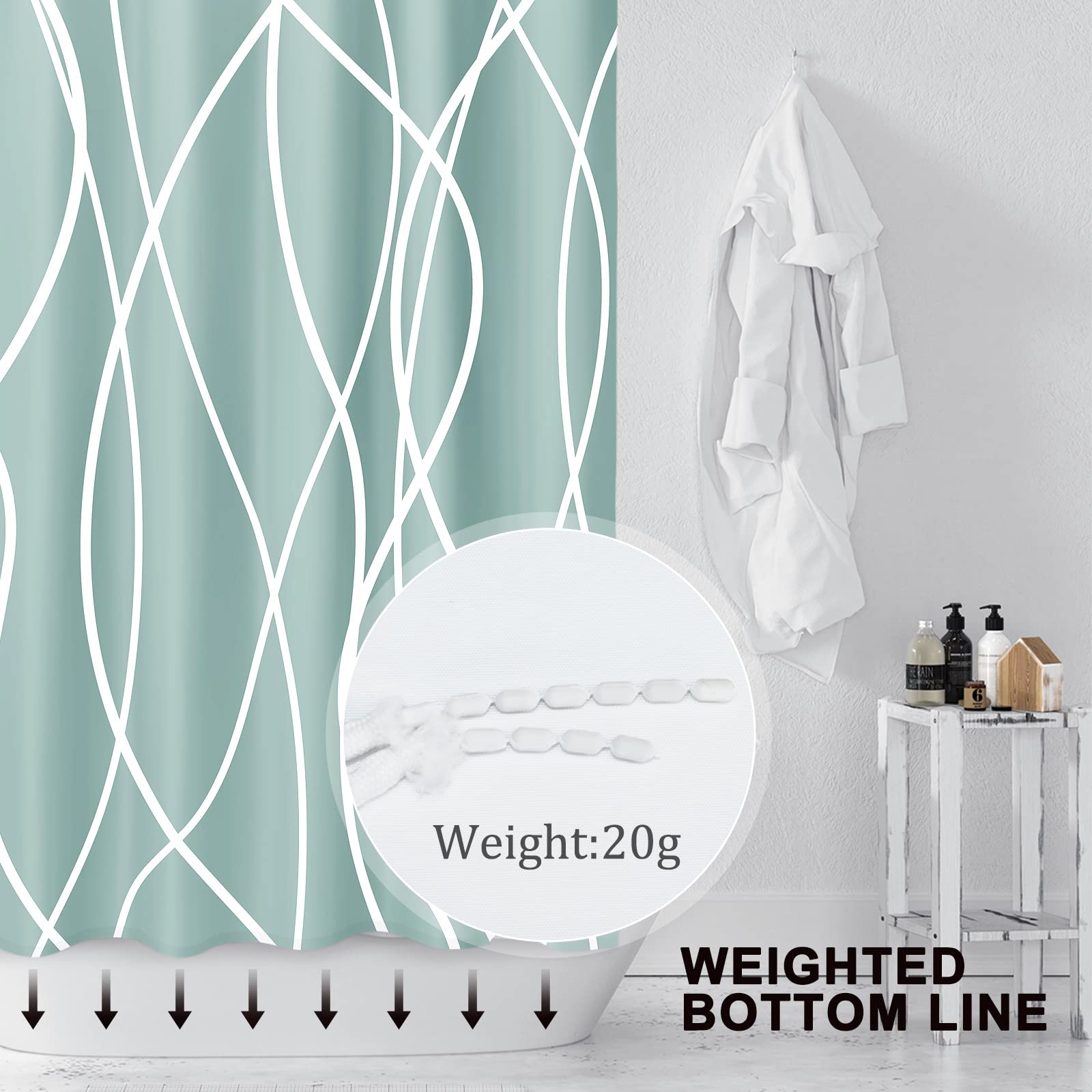 Punkray Light Green Shower Curtain for Bathroom with Hooks Shower Curtain Set White Stripe Bath Curtains Decorative Shower Curtains Water Repellent Washable  72x72