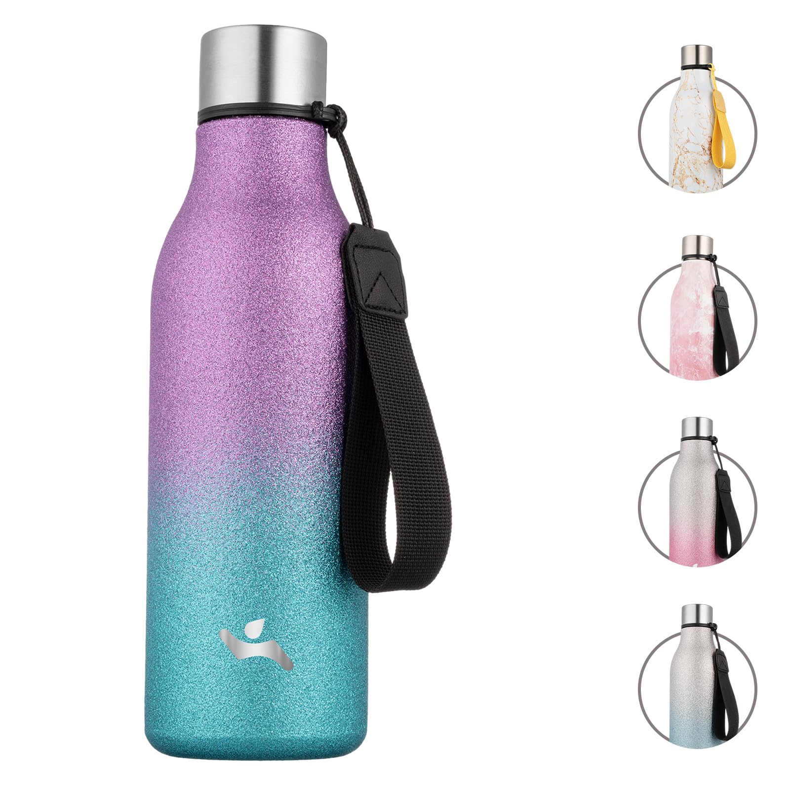 Konokyo Insulated Water Bottle with Strap,18 oz Double Wall Stainless Steel Vacuum Bottles Metal Water Flask,Sparkling Purple Gr