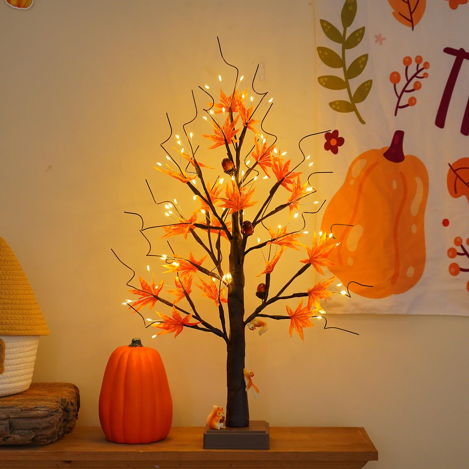 24    72 LED Fall Decorations for Home, Birch Tree Lighted Fall Maple Leaves Artificial Tree LEDs Autumn and 3 Squirrel,Acorn Or