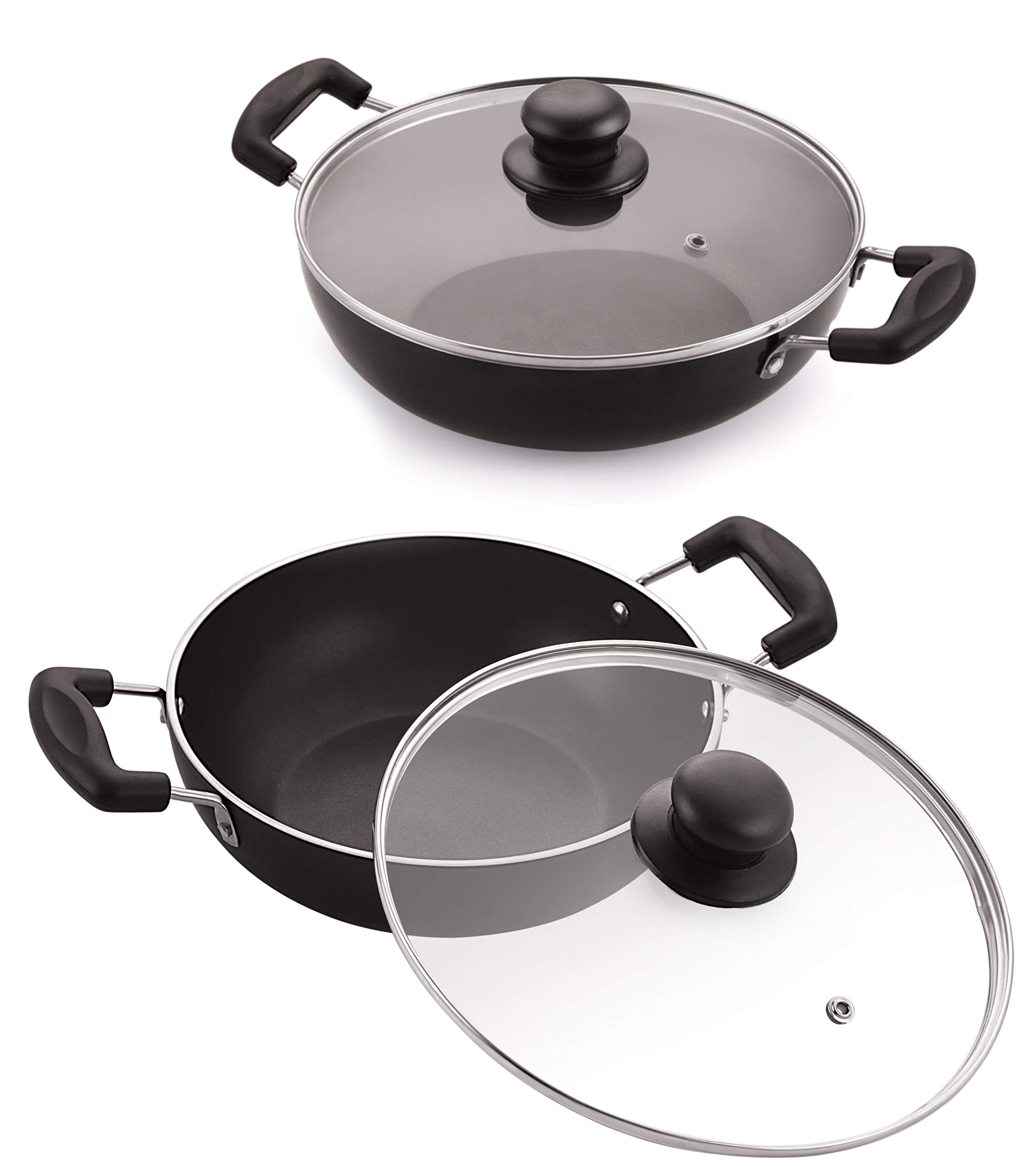 Celebrino 2 Pcs Deep Kadhai Set With Glass Lid|HeatResistant Strong Handle|Heavy Guage 4Mm Thick Aluminum Cookware For Inductio