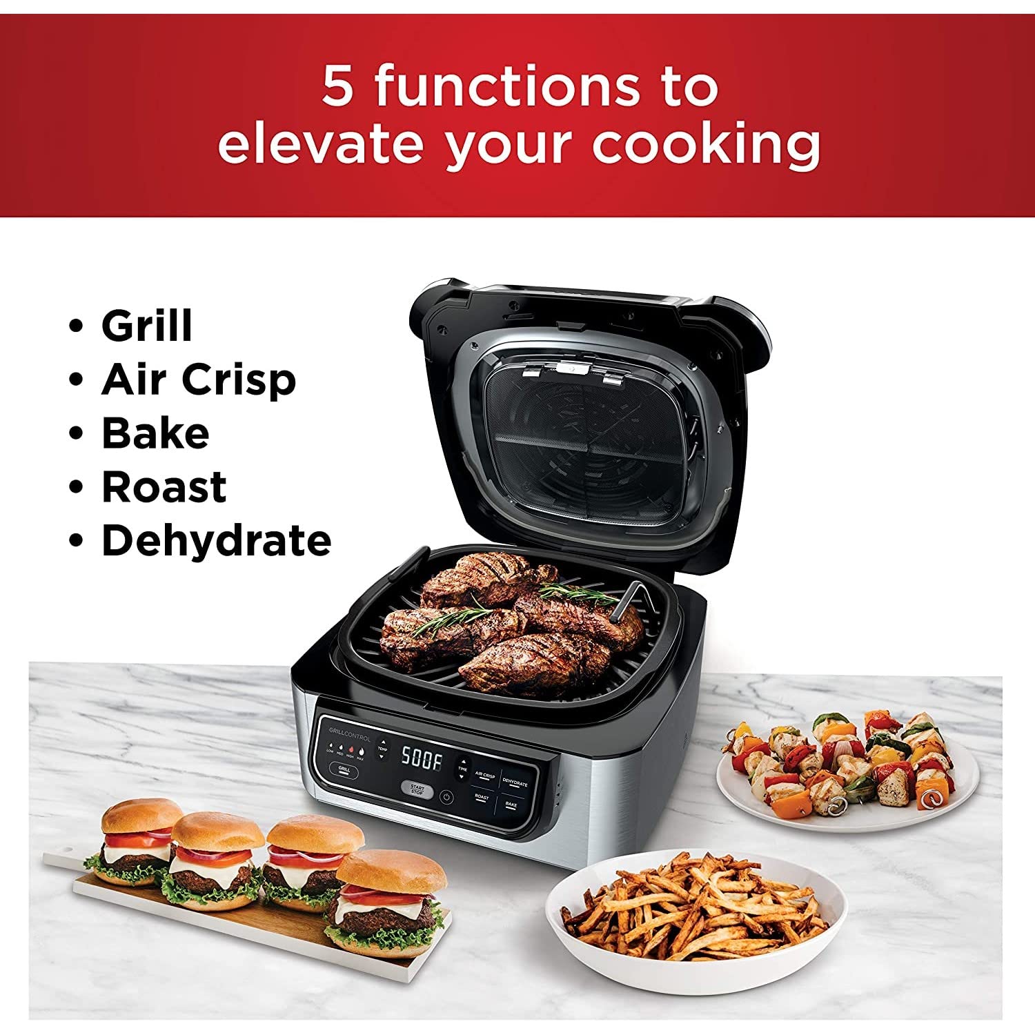 Ninja Ag301 Foodi 5-In-1 Indoor Electric Grill With Air Fry, Roast, Bake & Dehydrate - Programmable, Black/Silver