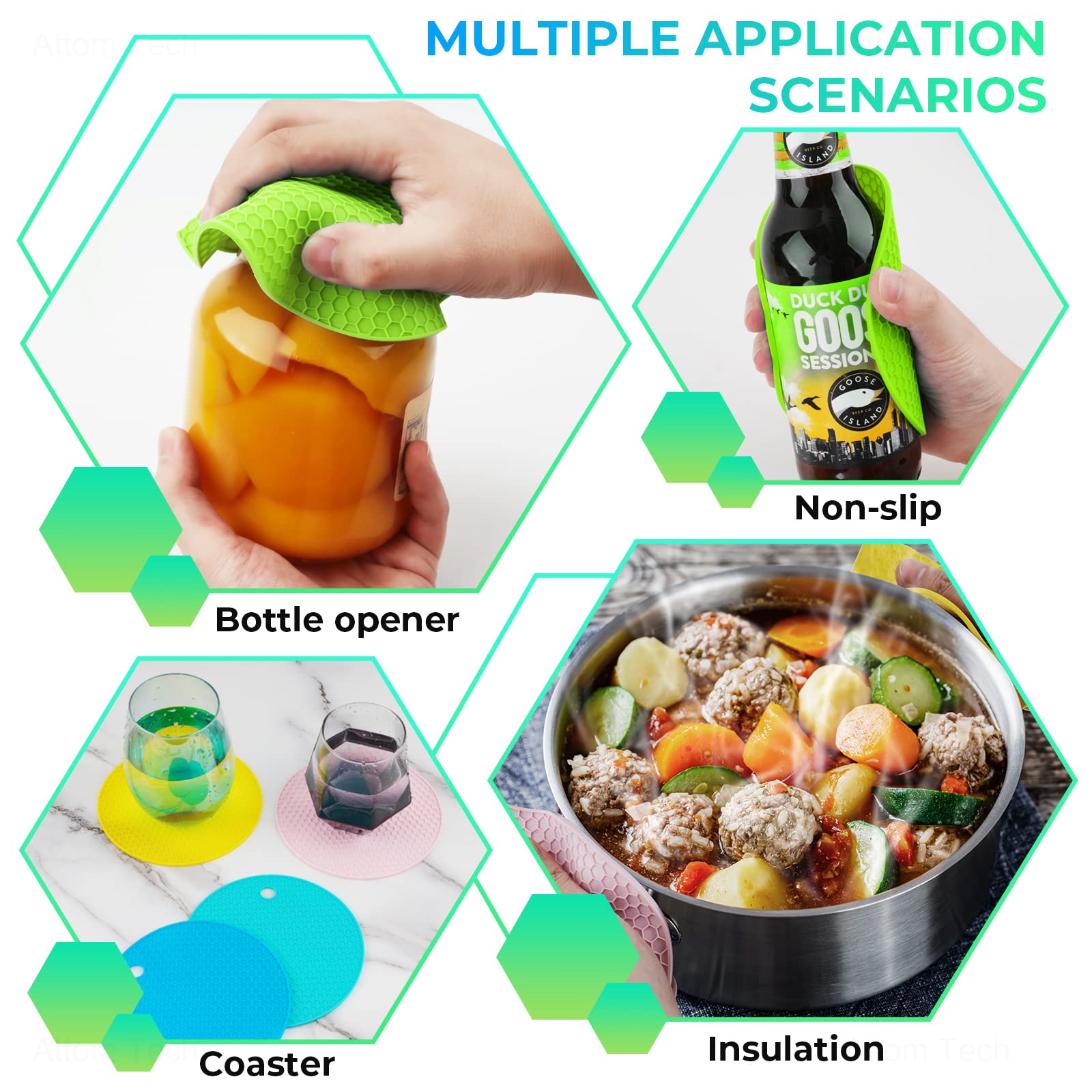 Nihome 4-Pack Silicone Jar Opener Pad For Weak Hands Seniors Kids, Large Non-Slip Jar Gripper Multi-Purpose Kitchen Bottle Opene