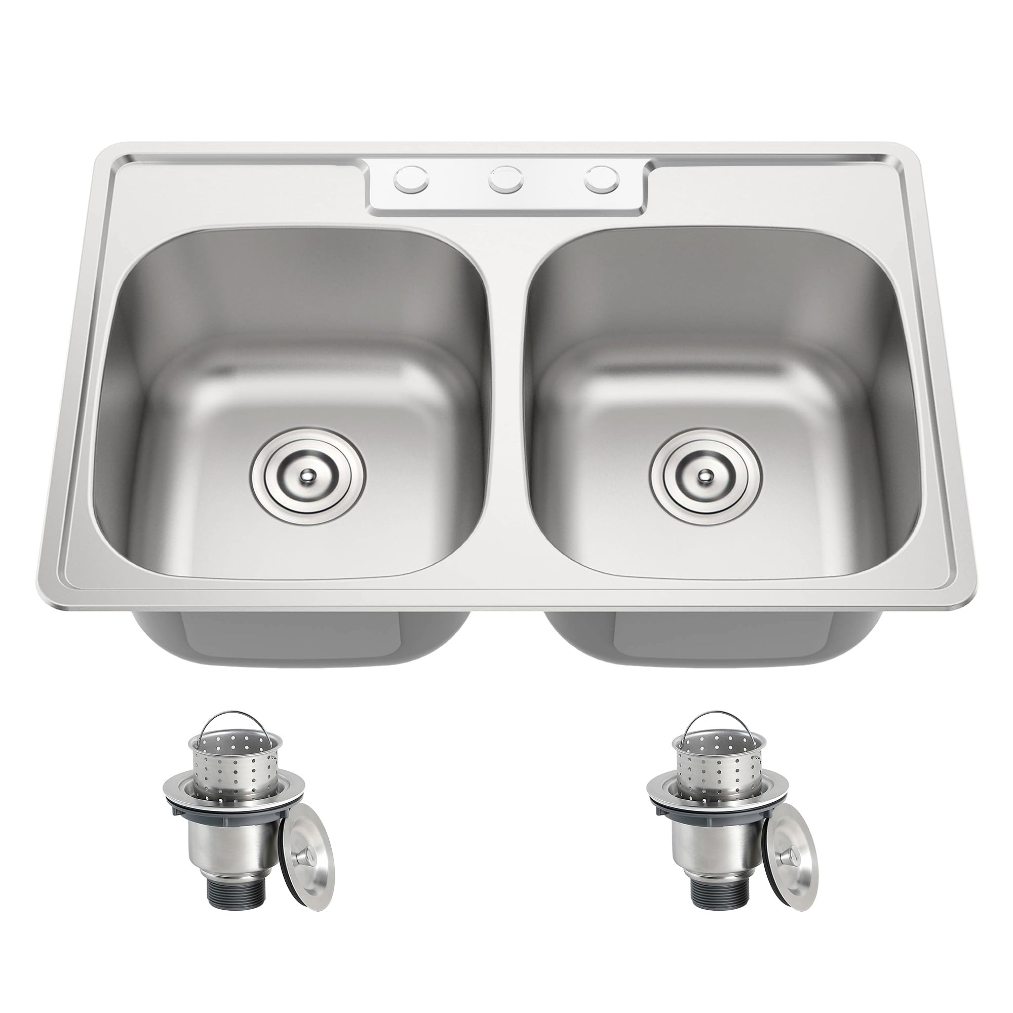 Joviprime 33 Inch Double Bowl Drop In 50/50 Kitchen Sink Top Mounted 18 Gauge 304 Stainless Steel Sink With Strainer 33'' X 22''