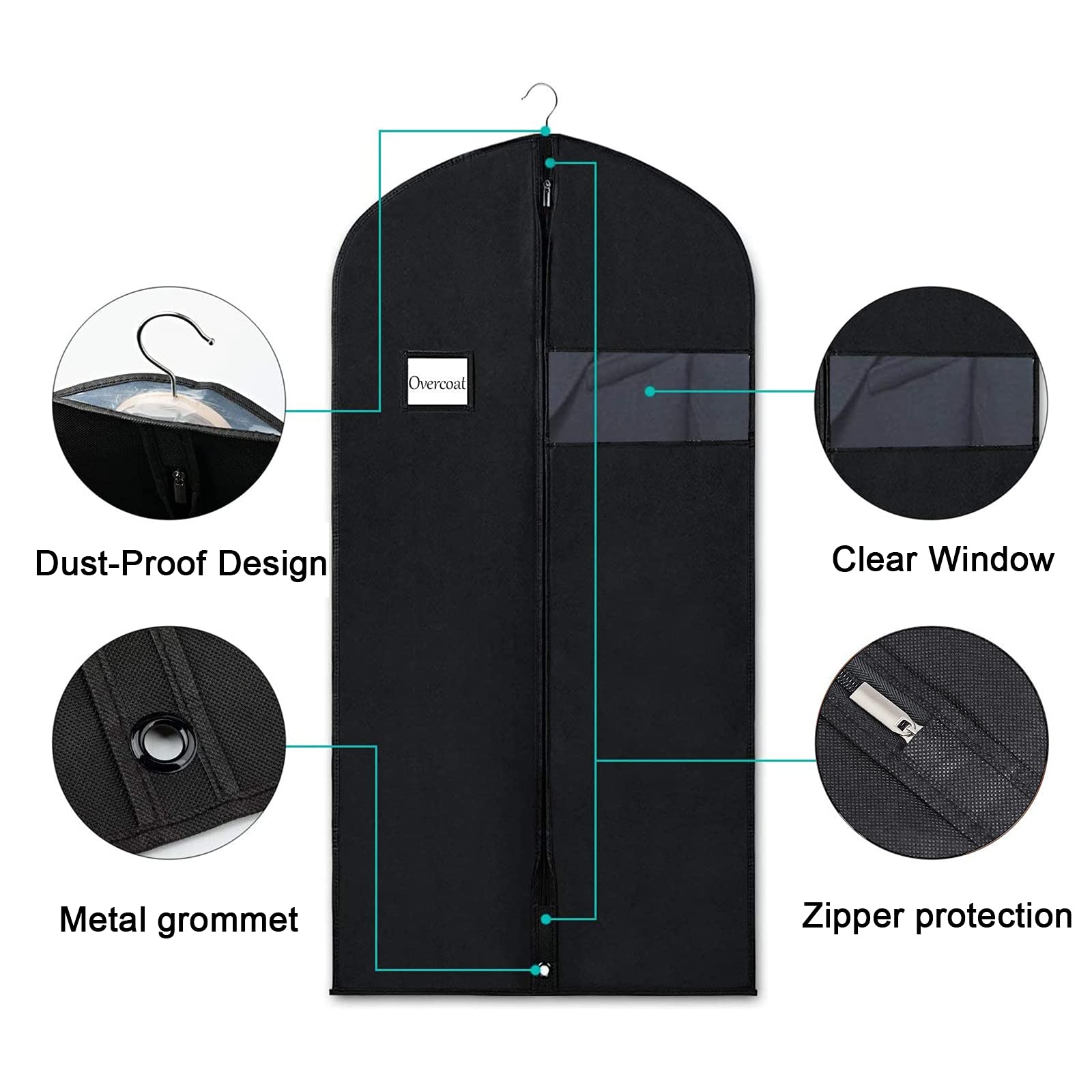 Univivi 5 Pack Garment Bags For Hanging Clothes, 60 Inch Dress Cover With Clear Window And Id Card Holder, Breathable Full Zippe