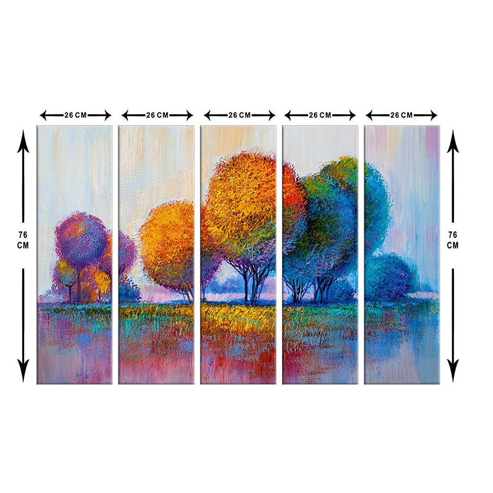 999Store 5 Panel Wall Painting Wall Frames For Living Room With Frame Wall Hanging Colorful Yellow Blue Trees Landscape (Mdf_Siz