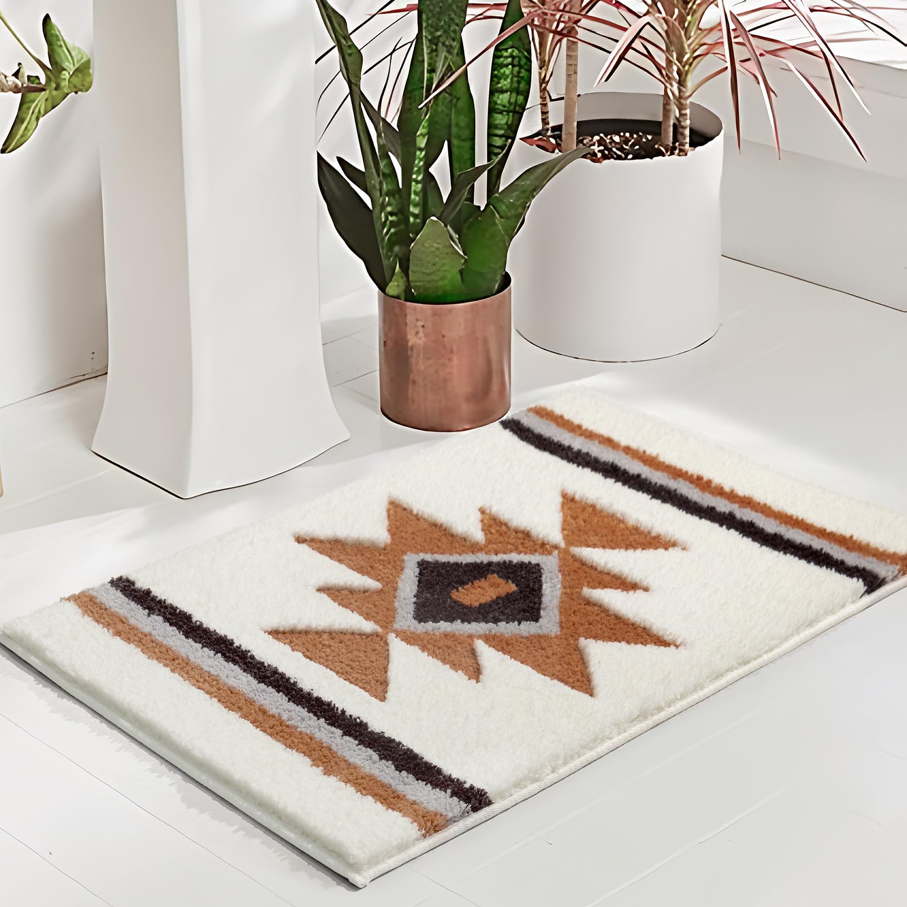 Tanvill Bathroom Rugs White Boho Bath Mat Non Slip, Soft Absorbent Microfiber Washable Aztec Bath Rug Floor Mat For Bathroom Sho