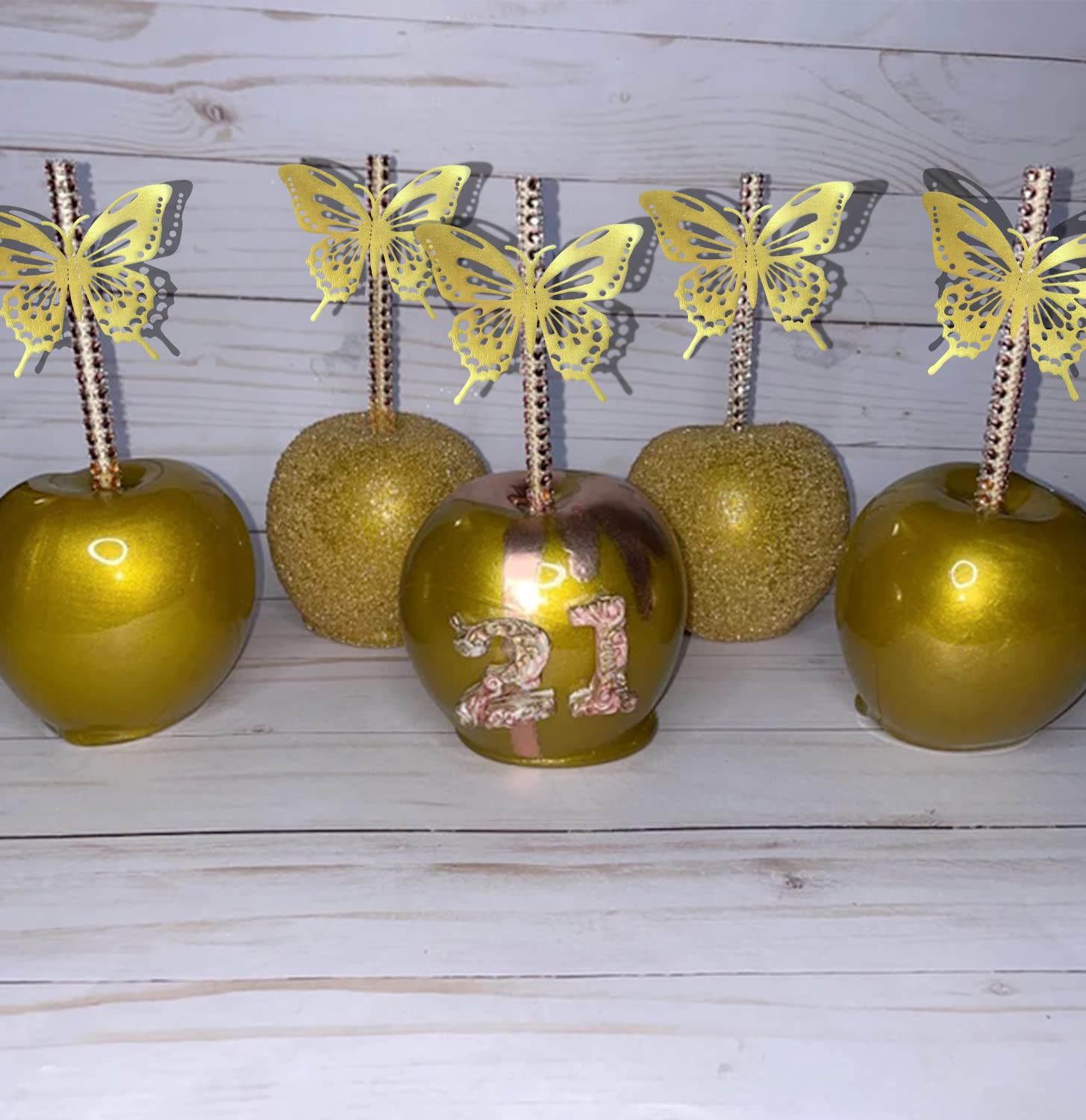 24 Pcs Bling Candy Apple Sticks With Butterfly Stickers, Caramel Apple Bamboo Wooden Pointed Skewers With Rhinestones Diamond Me