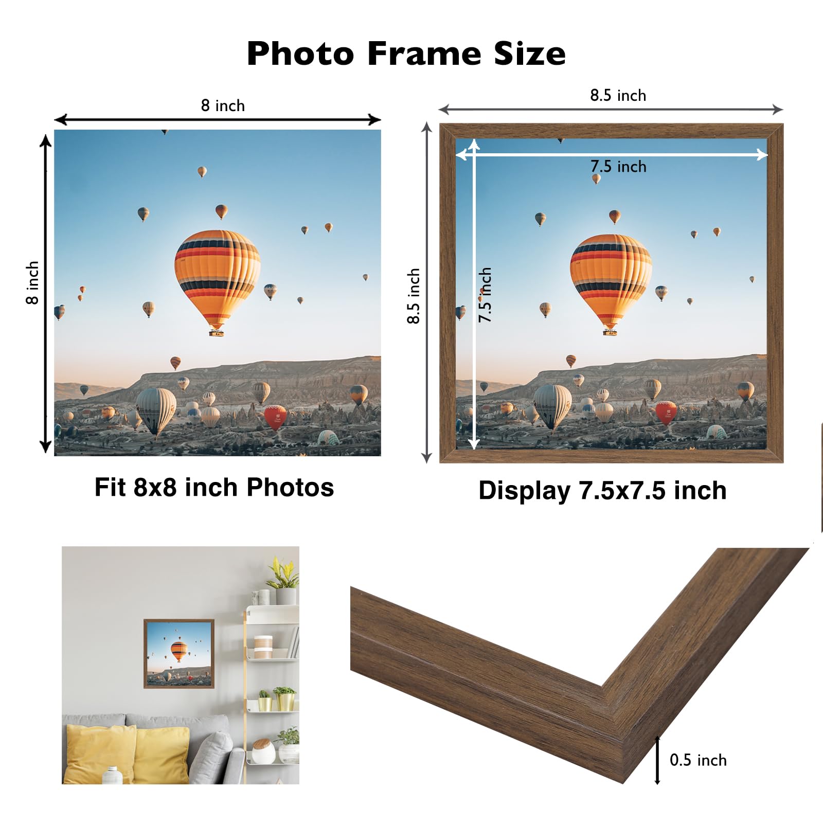 JCJMY 8x8 Picture Frame Brown for Wall Hanging or Tabletop, Wall Mounting Horizontally or Vertically, 8 x 8 Square Wall Gallery