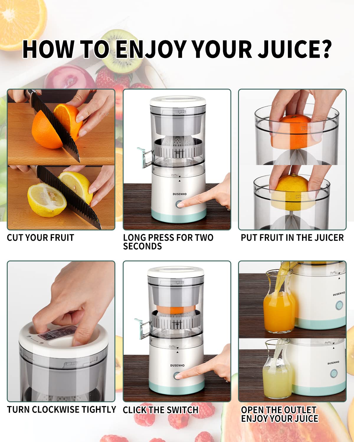 DUSENHO Electric Juicer Rechargeable - Citrus Juicer Machines with USB and Cleaning Brush Portable Juicer for Orange  Lemon  Grapefruit