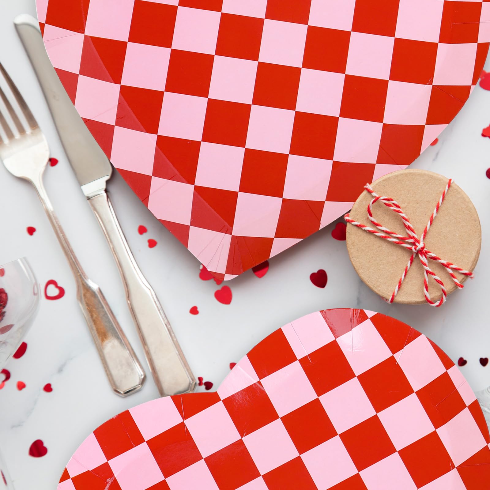 Whaline 40Pcs Valentine'S Day Paper Plates Plaid Love Heart Shape Disposable Plates Red Pink Checkered Heart Party Tableware For