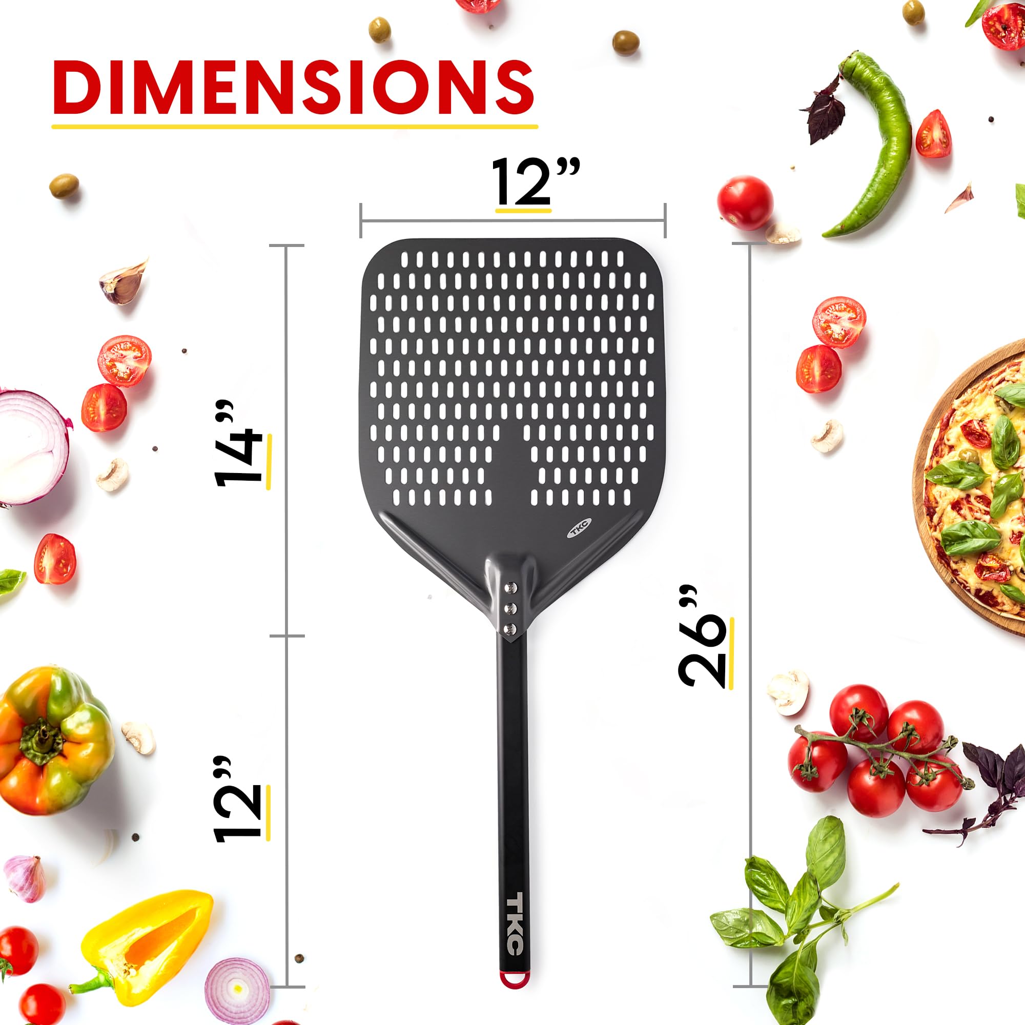 Tkc 12'', 8'' Perforated Pizza Peels - Professional Aluminum Pizza Turning Peel - Long Handle Metal Pizza Spatula For Indoor And